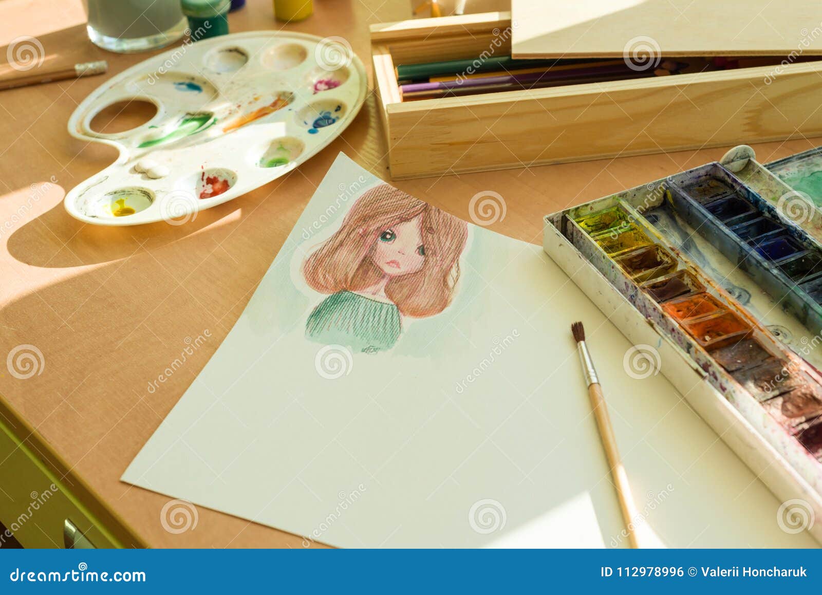 Drawing by Watercolor - Anime Girl, on a Table with Watercolor Paint Brush  Stock Photo - Image of face, hair: 112978996