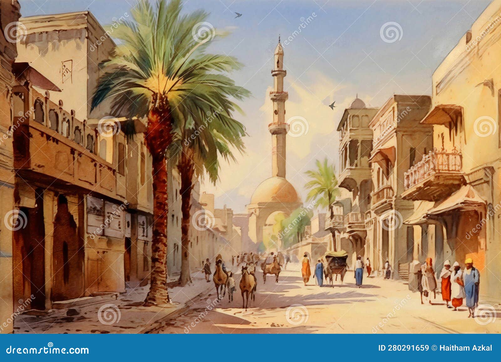 drawing in watercolors, wallpaper, landscape, streets of ancient egypt, where the houses, minarets and markets