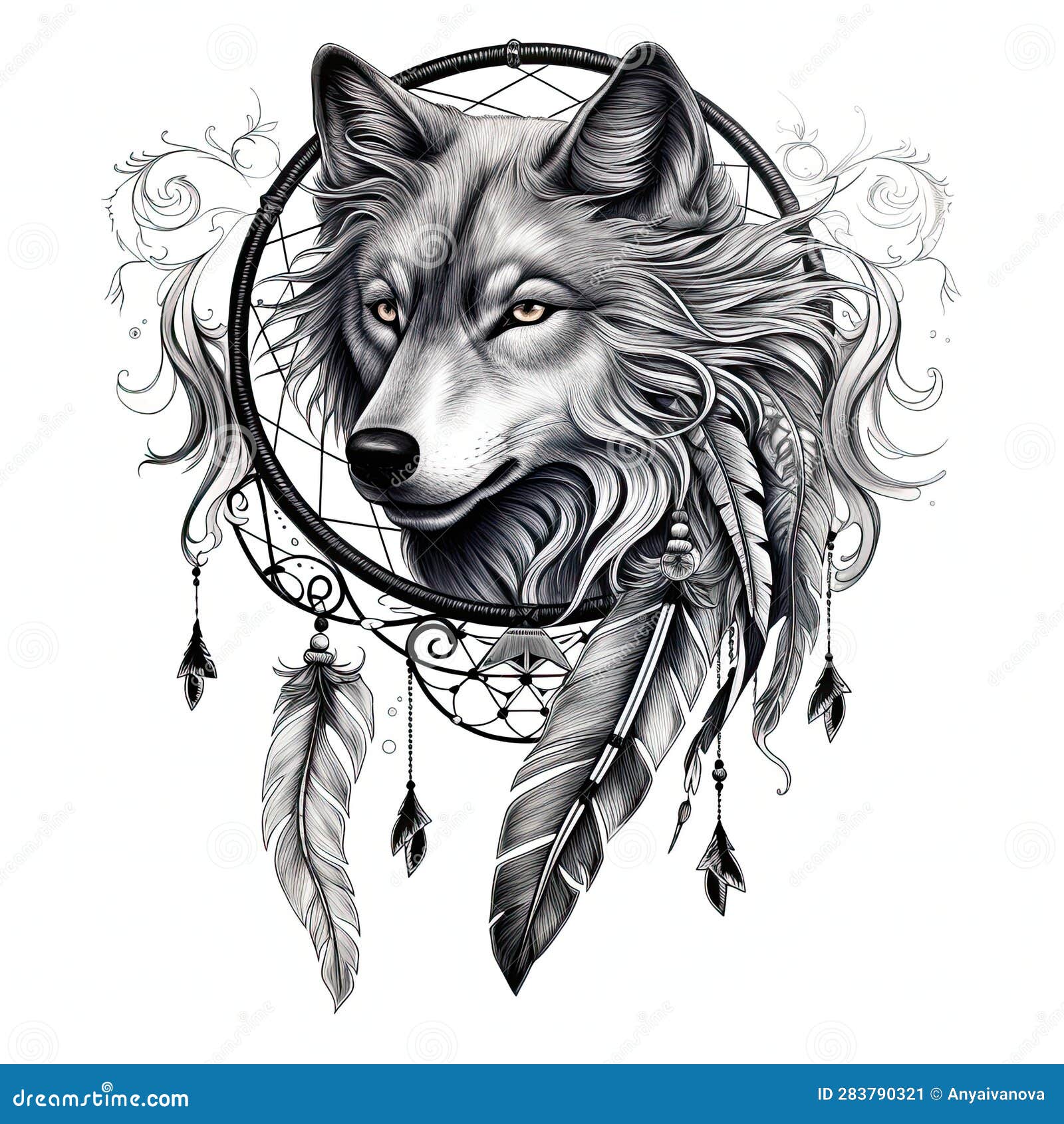 A Drawing of a Wolf with a Dream Catcher. Generative AI Image. Stock