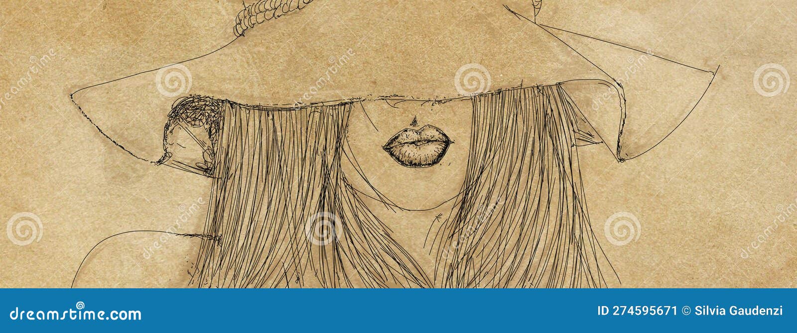 drawing of a woman in a hat on an old paper background.vintage style.