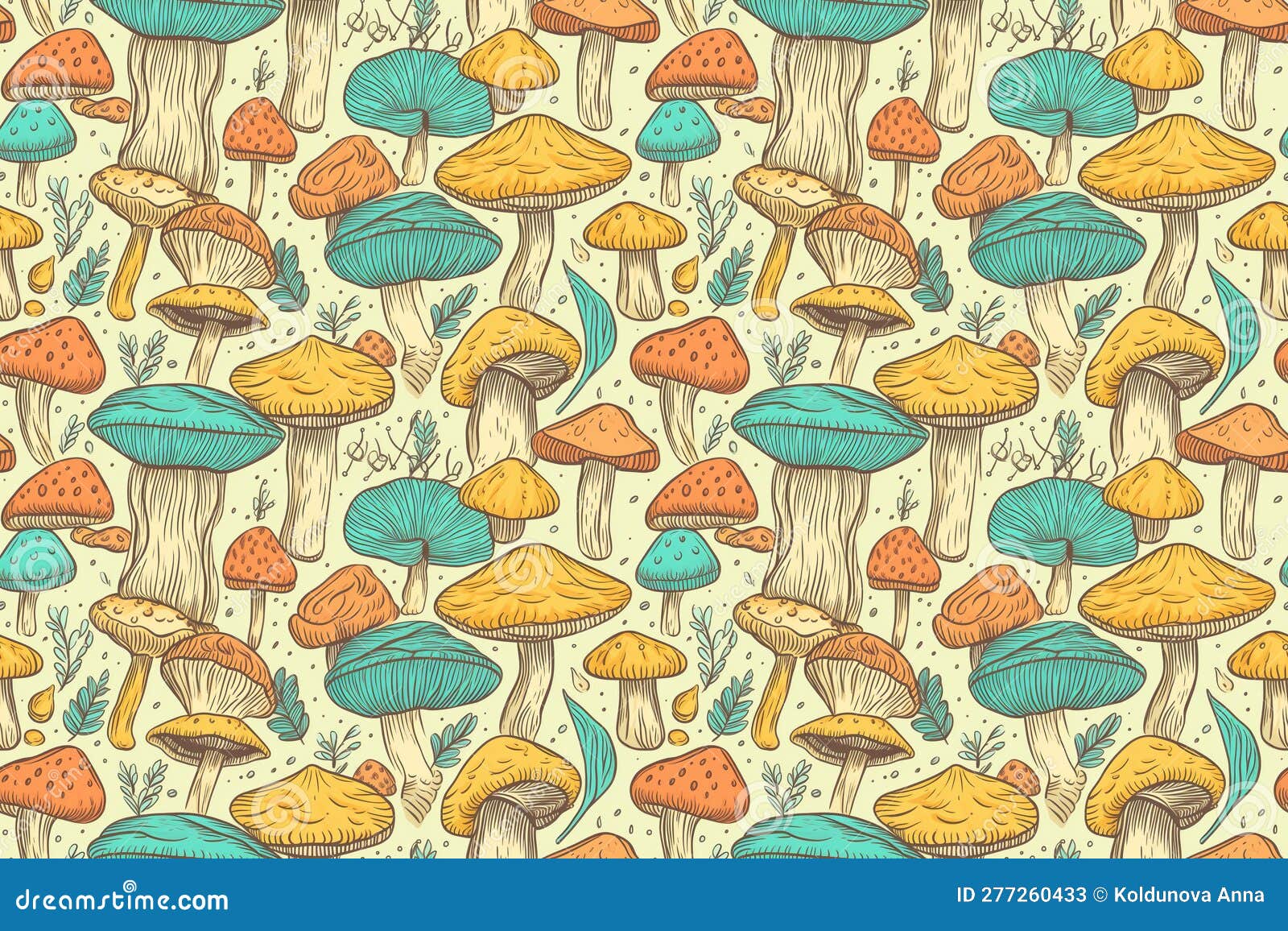 Drawn Bright Mushrooms Background, Created with Generative AI