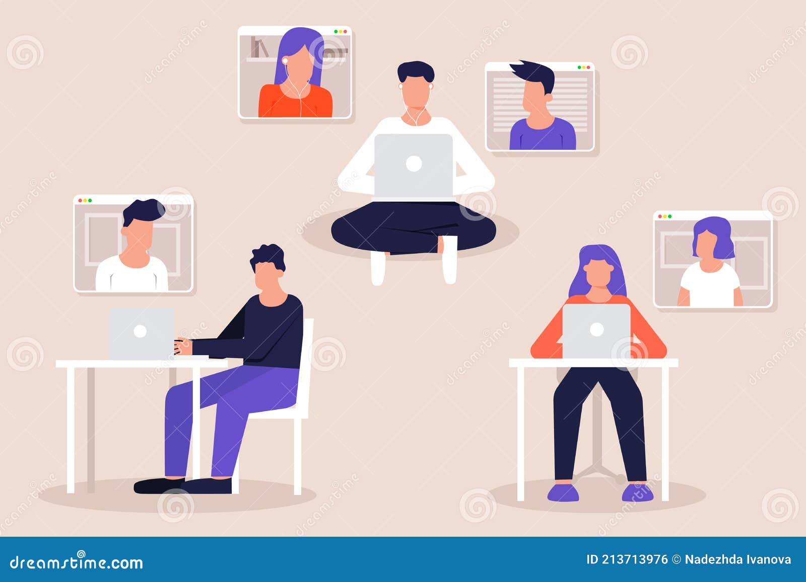Drawn Friends Videoconferencing Scenes Set Vector Illustration. Stock