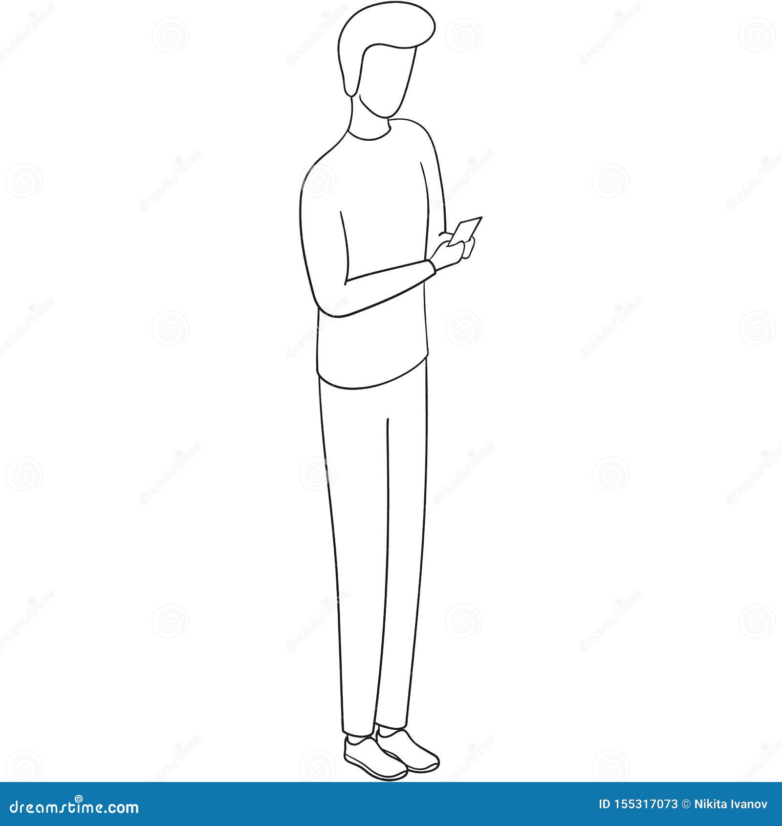 Drawn Illustration of a Man Standing and Looking at His Phone Stock ...