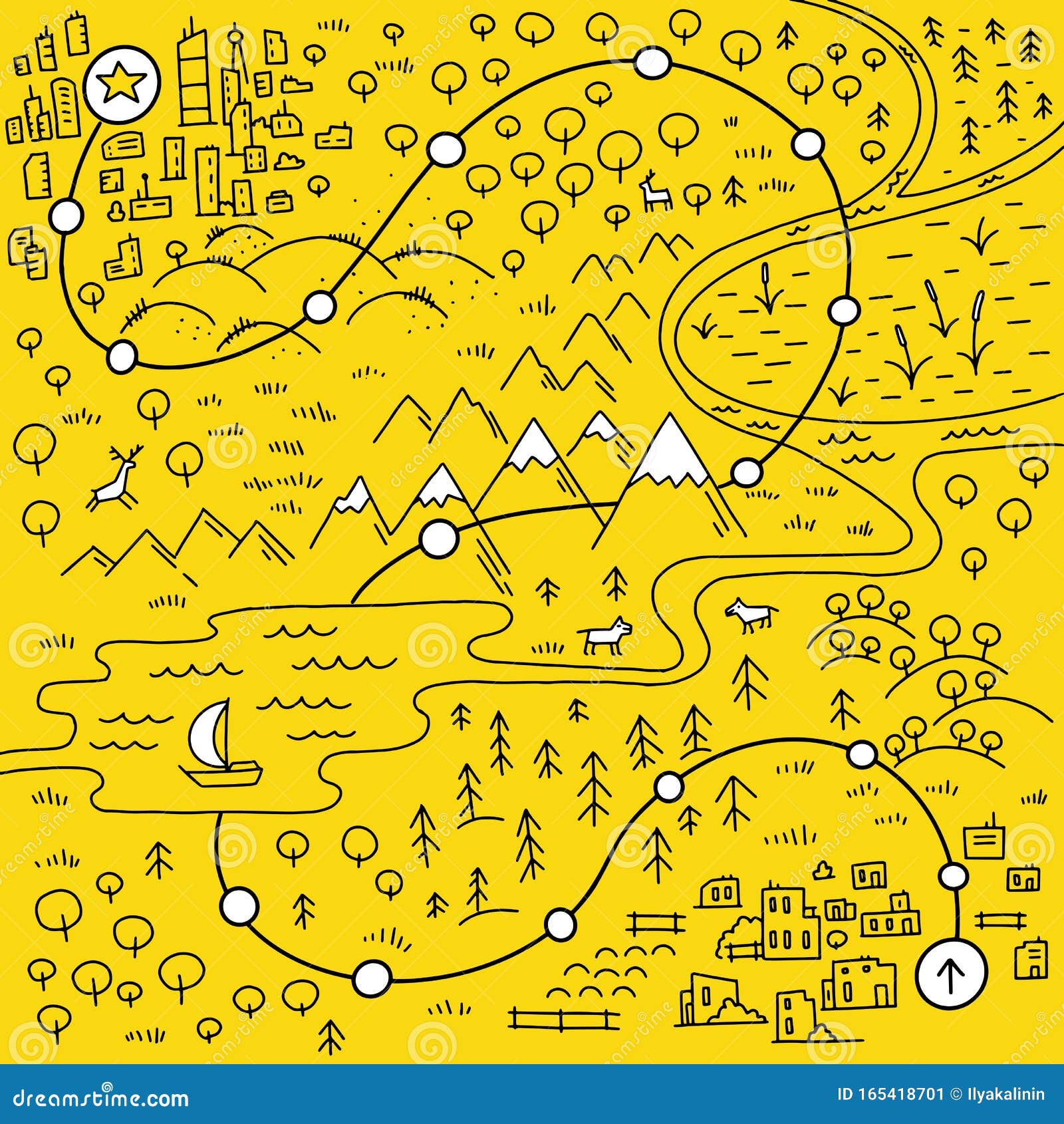 Map Of The Area Cartoon City Mountains River And Village Forest Hills And Sea Hand Drawn Sketch Vector Yellow And Stock Vector Illustration Of Contour Area