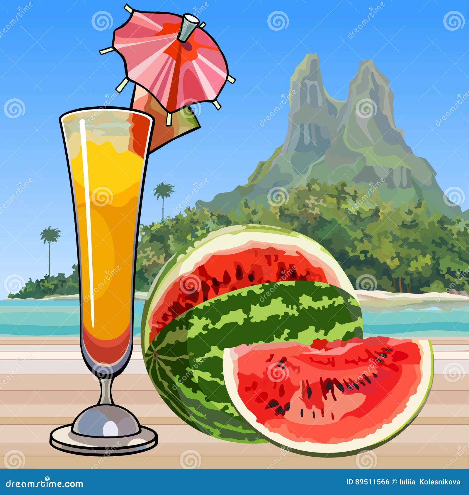 drawn wine glass with a cocktail and watermelon in the tropics
