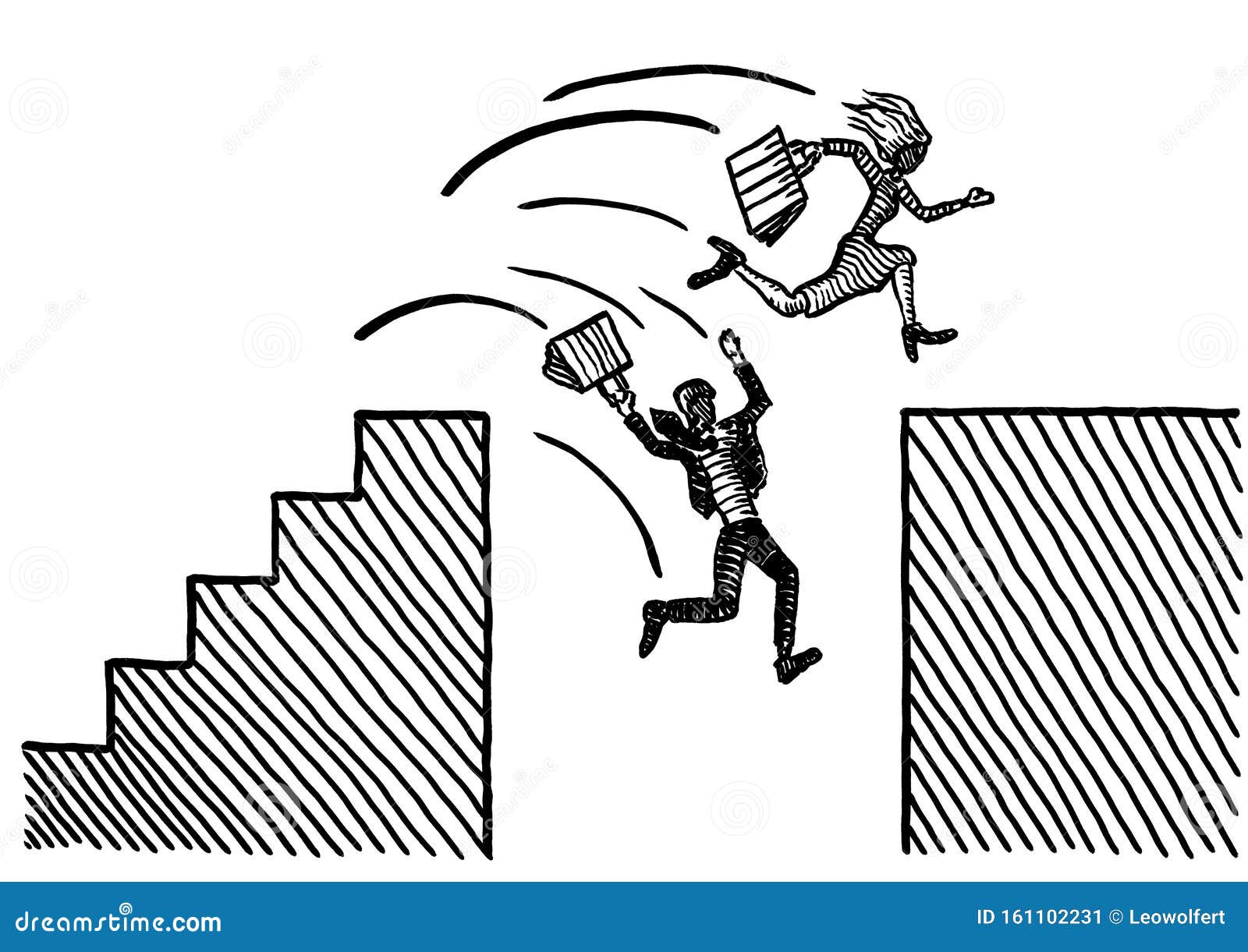 drawn woman overtaking male rival at ravine jump