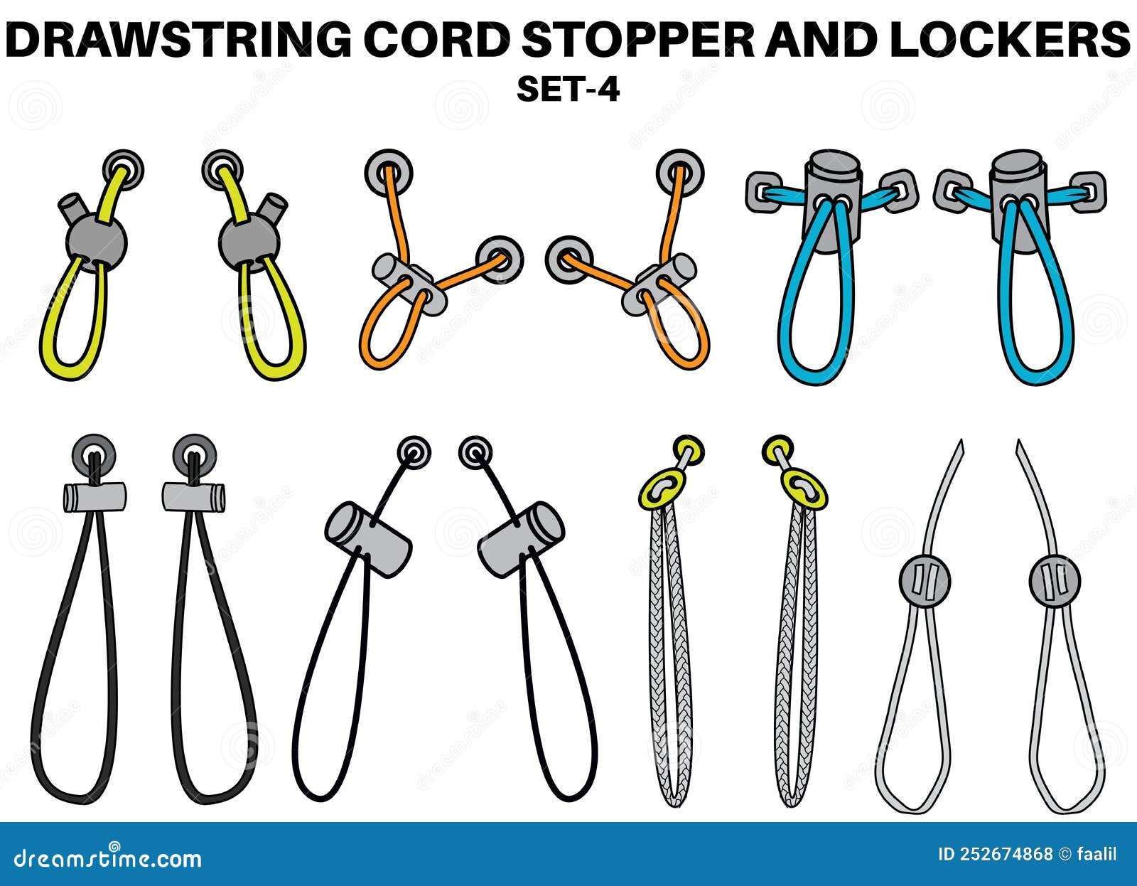 Drawstring Cord Stopper Flat Sketch Vector Illustrator. Set of Draw String  Lock Slider Toggles Fastener for Bags, Back Backs, Stock Vector -  Illustration of collection, flat: 252674868