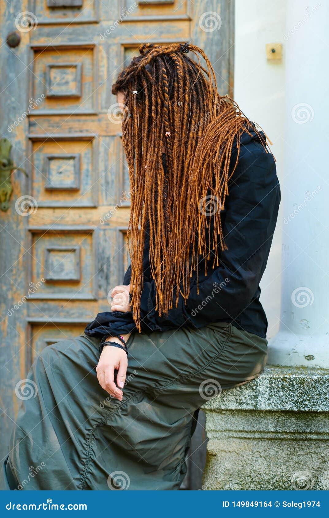 Backside Dreadlocks Head Closeup Fashionable Girl Posing At Old Wooden Door  Background Stock Photo - Download Image Now - iStock
