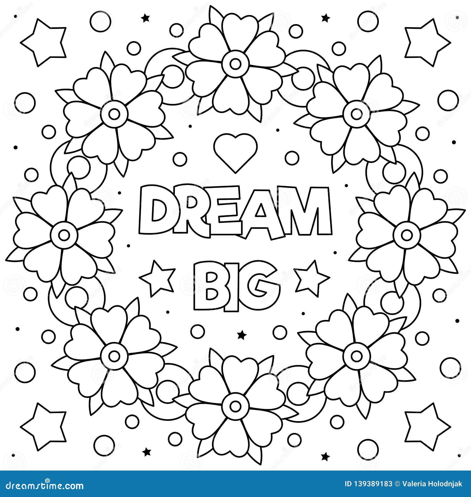 Dream Big. Coloring Page. Black and White Vector Illustration. Stock