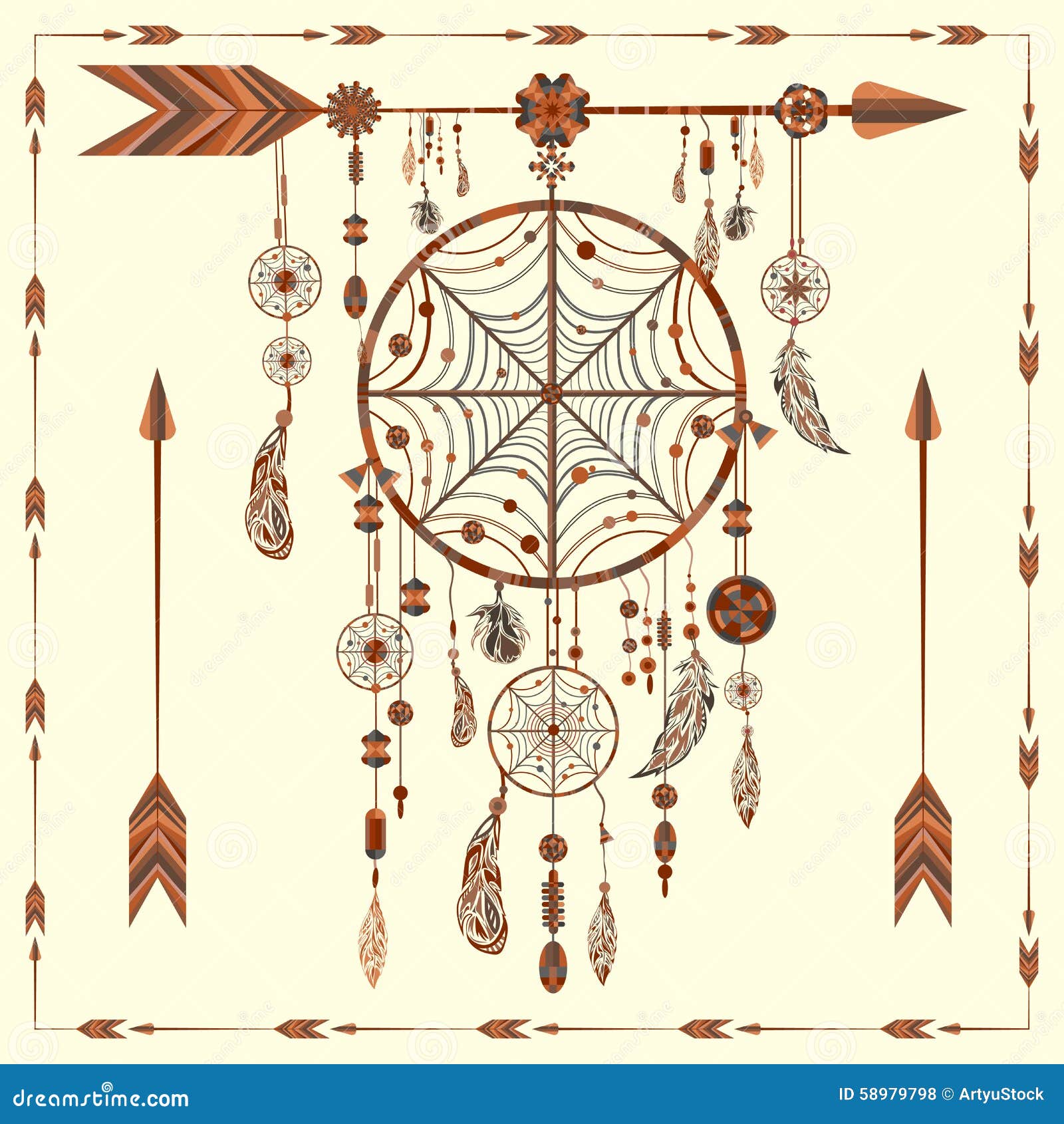 Dreamcatcher Indian Ethnic Feather Ornament. Vector Flat Line