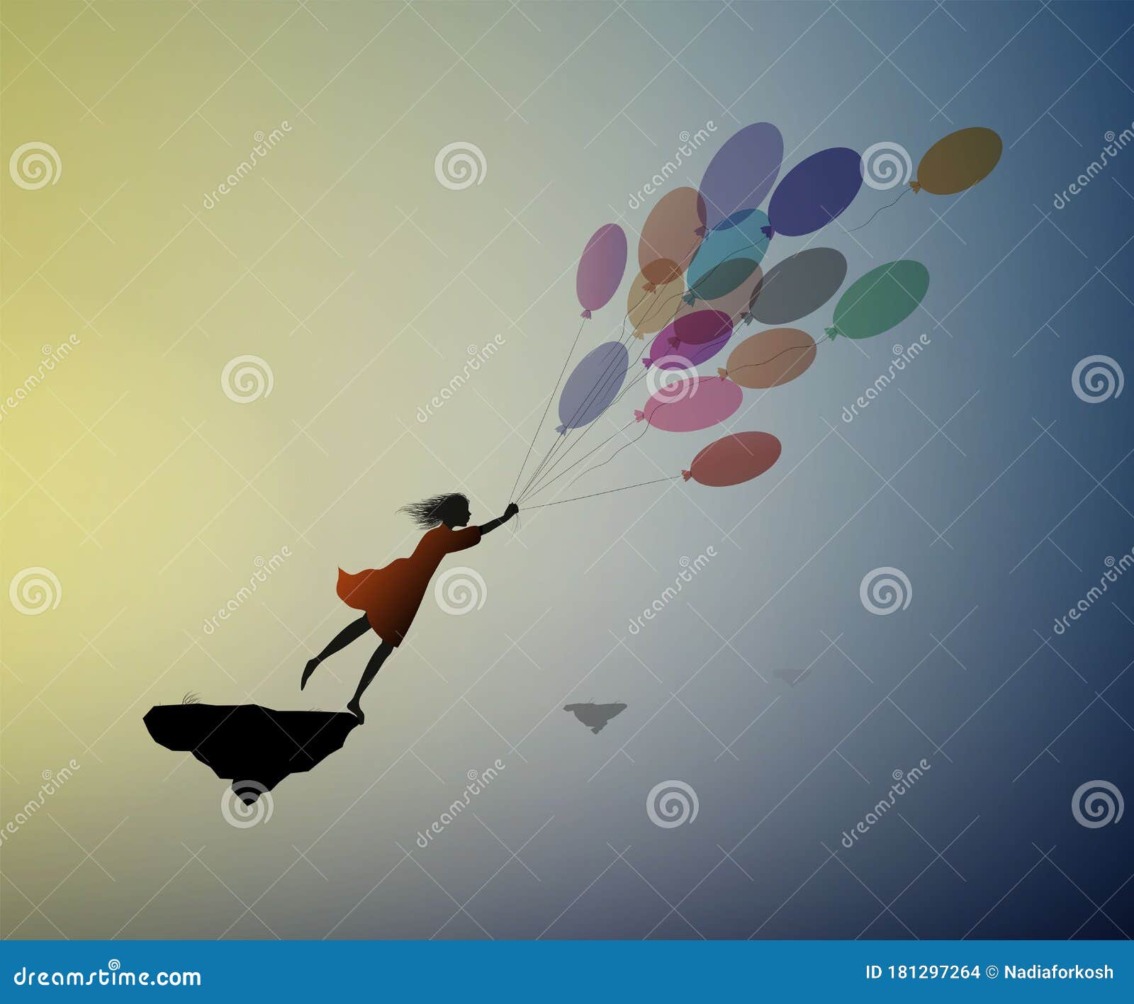 dream concept, girl silhouette flying on the air baloon and flying up to the sky, dreamer, flight to the dreamland,