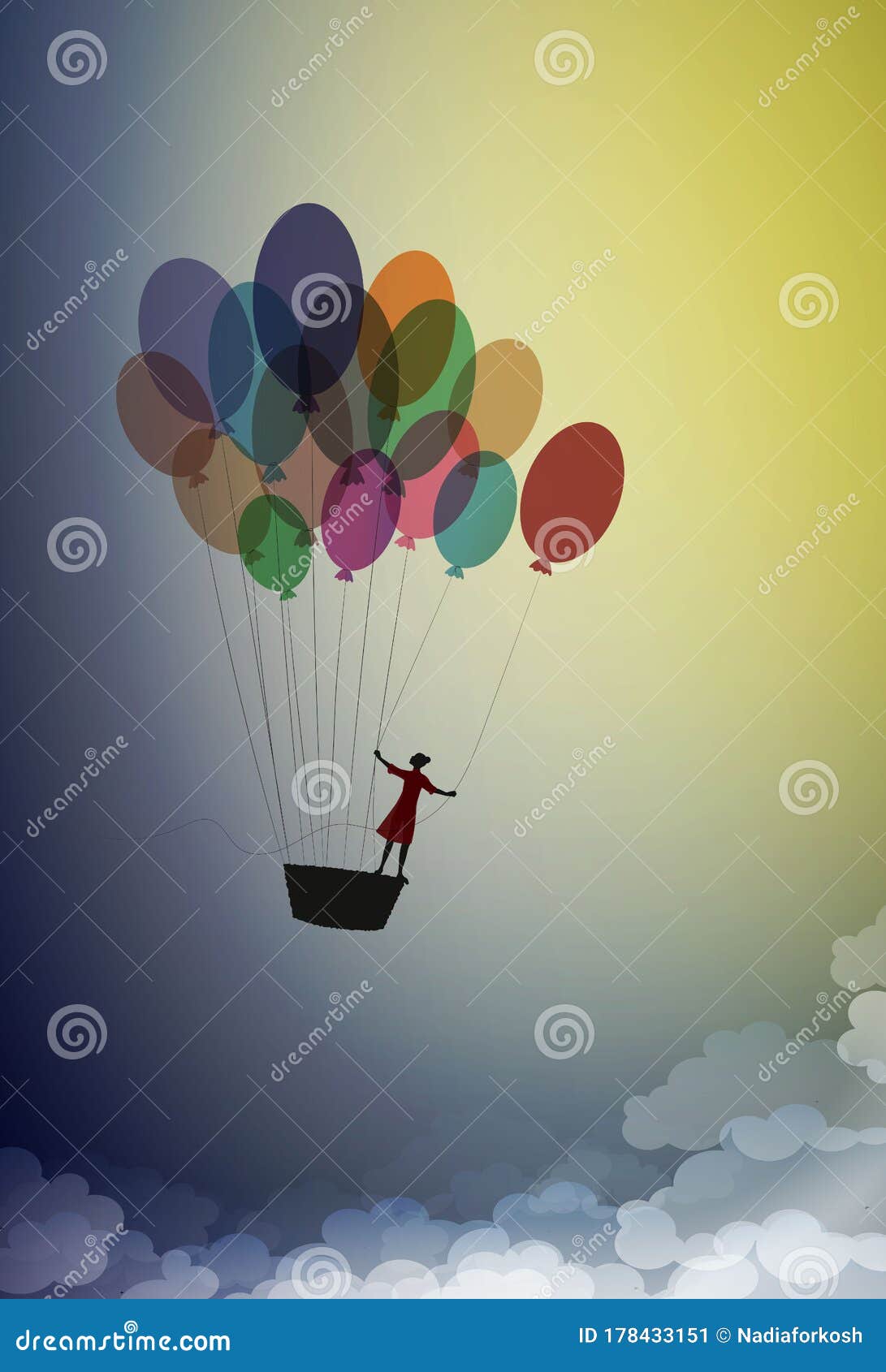 dream concept, girl silhouette flying on the air baloon and flying up to the sky, dreamer, flight to the dreamland