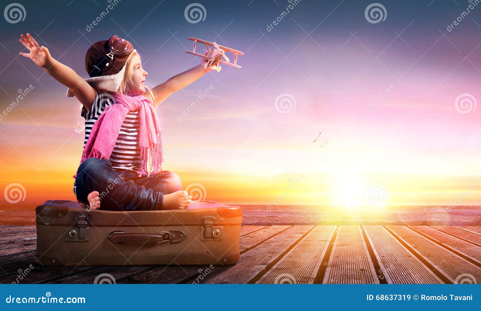 dream journey - little girl on vintage suitcase