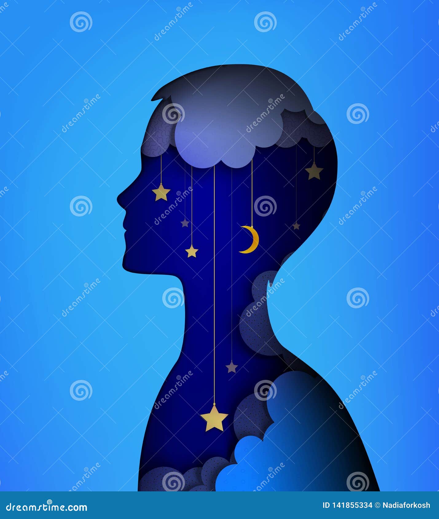 dreamer concept, layers picture, young boy silhouette with night sky inside, night dream idea,
