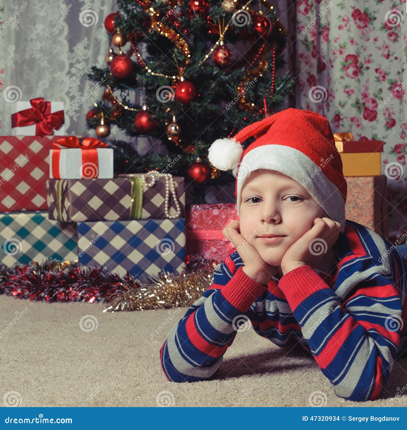 Dreaming Boy in Front of the Christmas Tree Stock Photo Image of