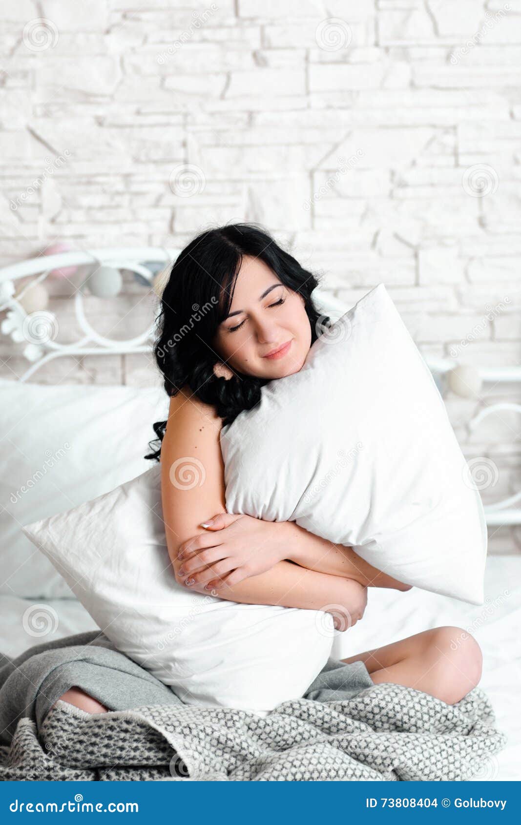 Dreaming Relaxed Woman Hugging Pillow Stock Photo Image Of Cheerful