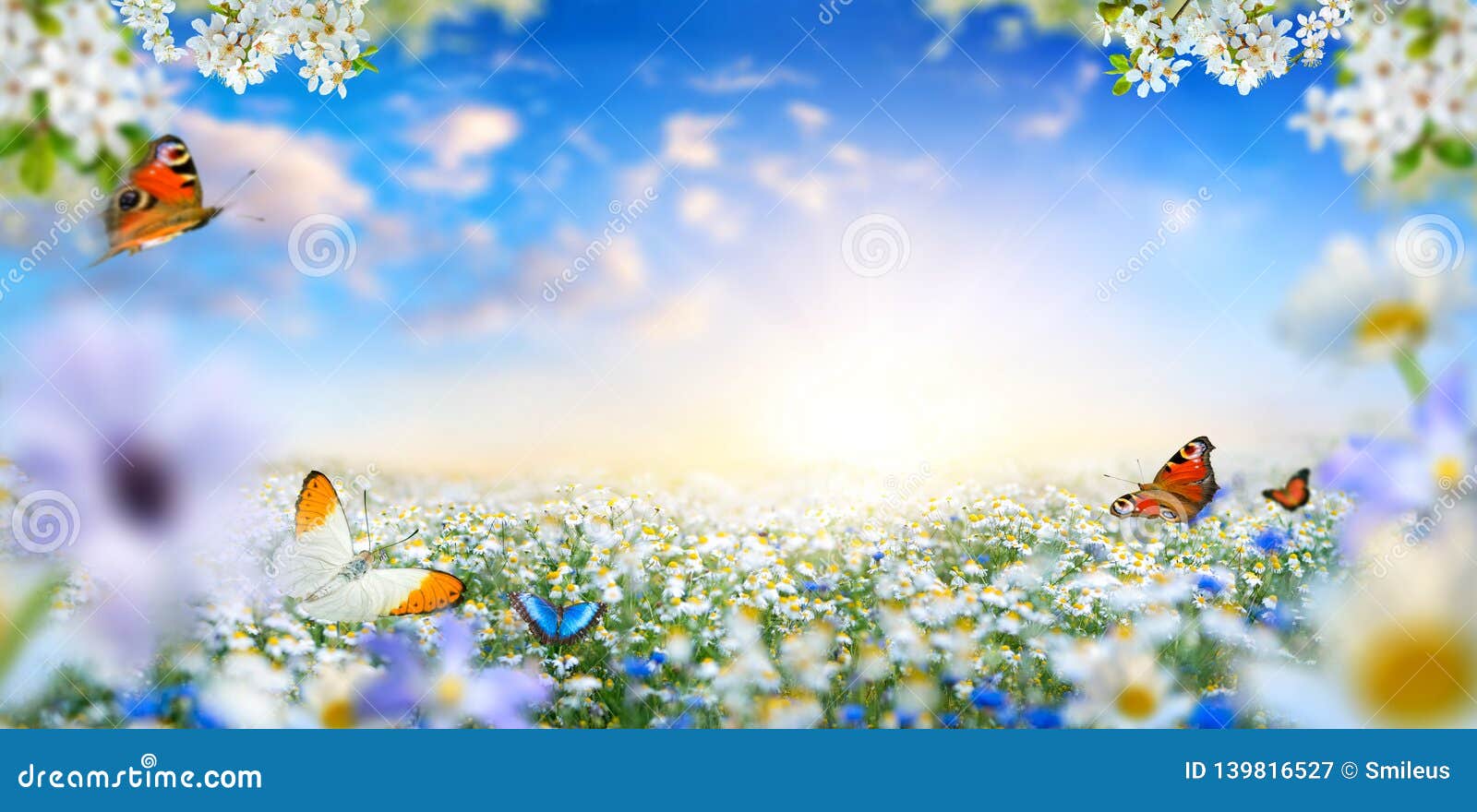 dreamland fantasy spring landscape with flowers and butterflies