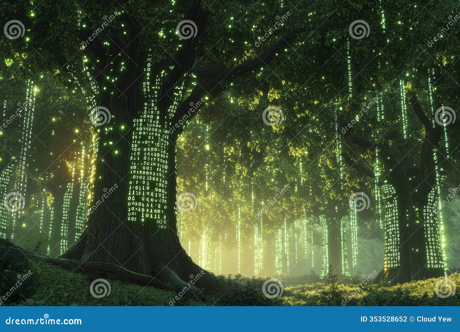 dreamlike scene of trees growing from a bin with glowing green light