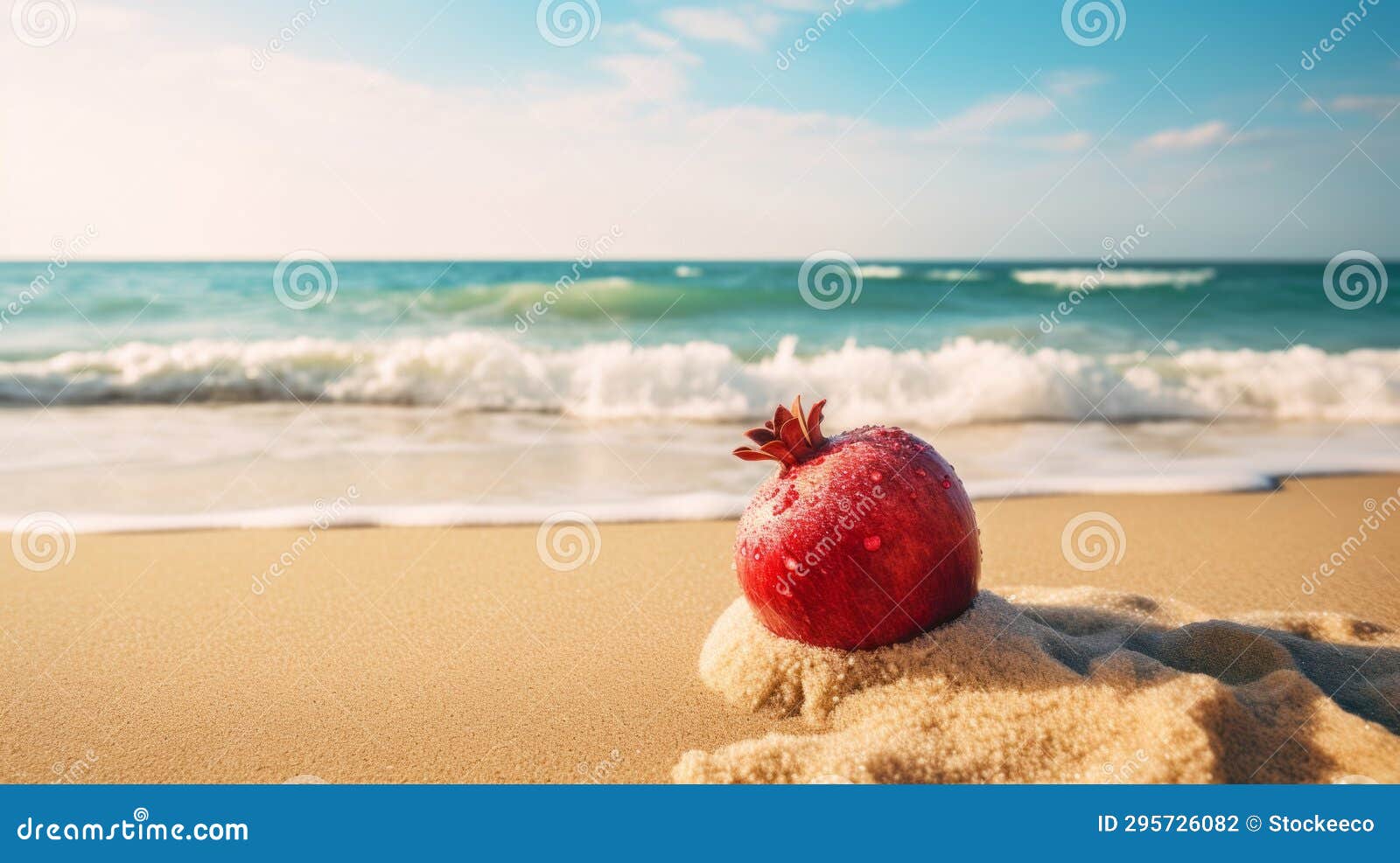 dreamlike ism: a red pomegranate on a serene sandy beach