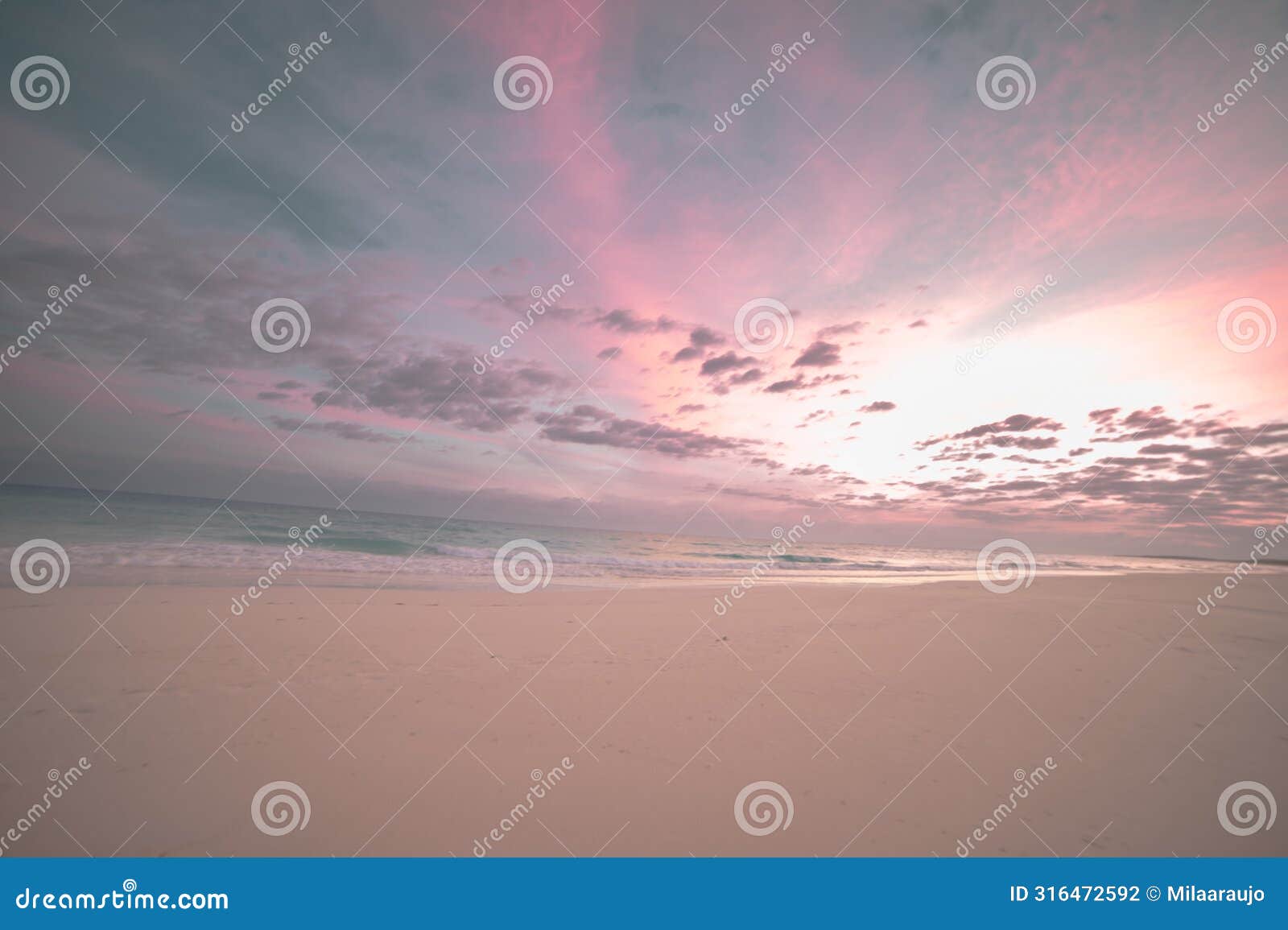 dreamlike tropical white sand beach oceanscape pink sunrise sky landscape photography natural background