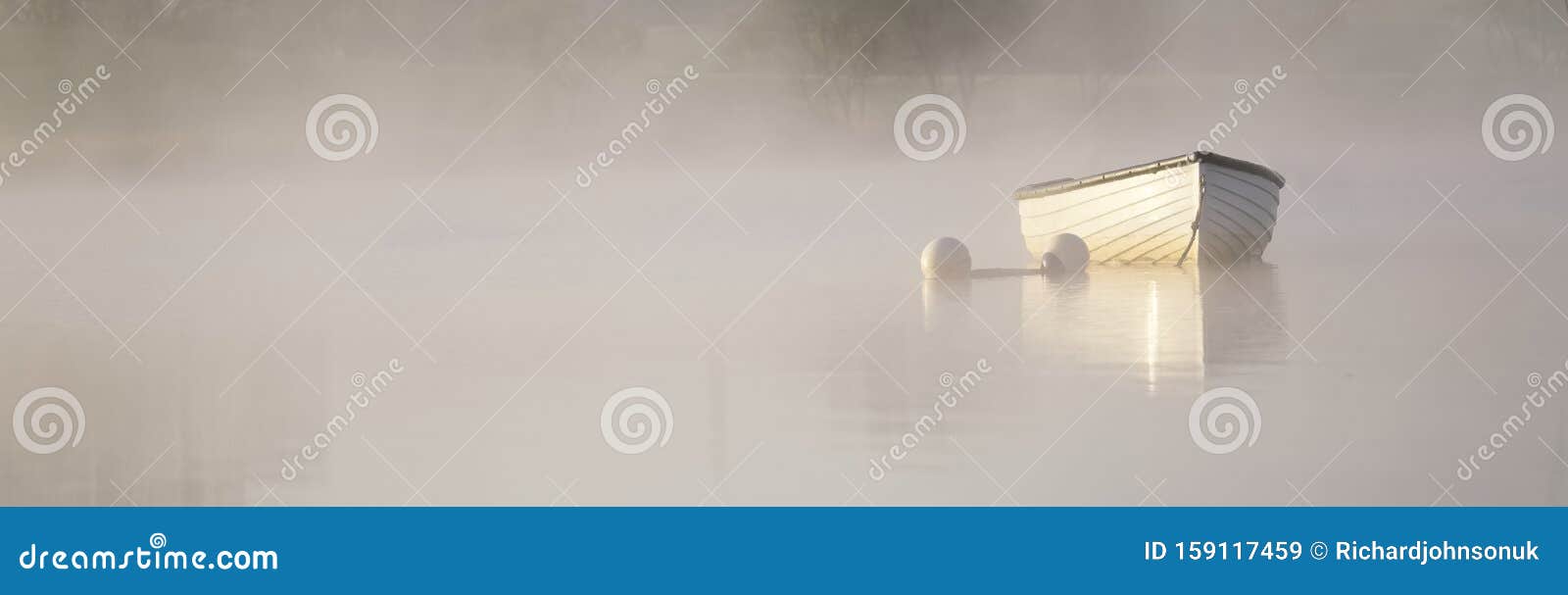 dreamy boat scene banner in fog and golden sun for tranquility calm peace and mindfulness yoga