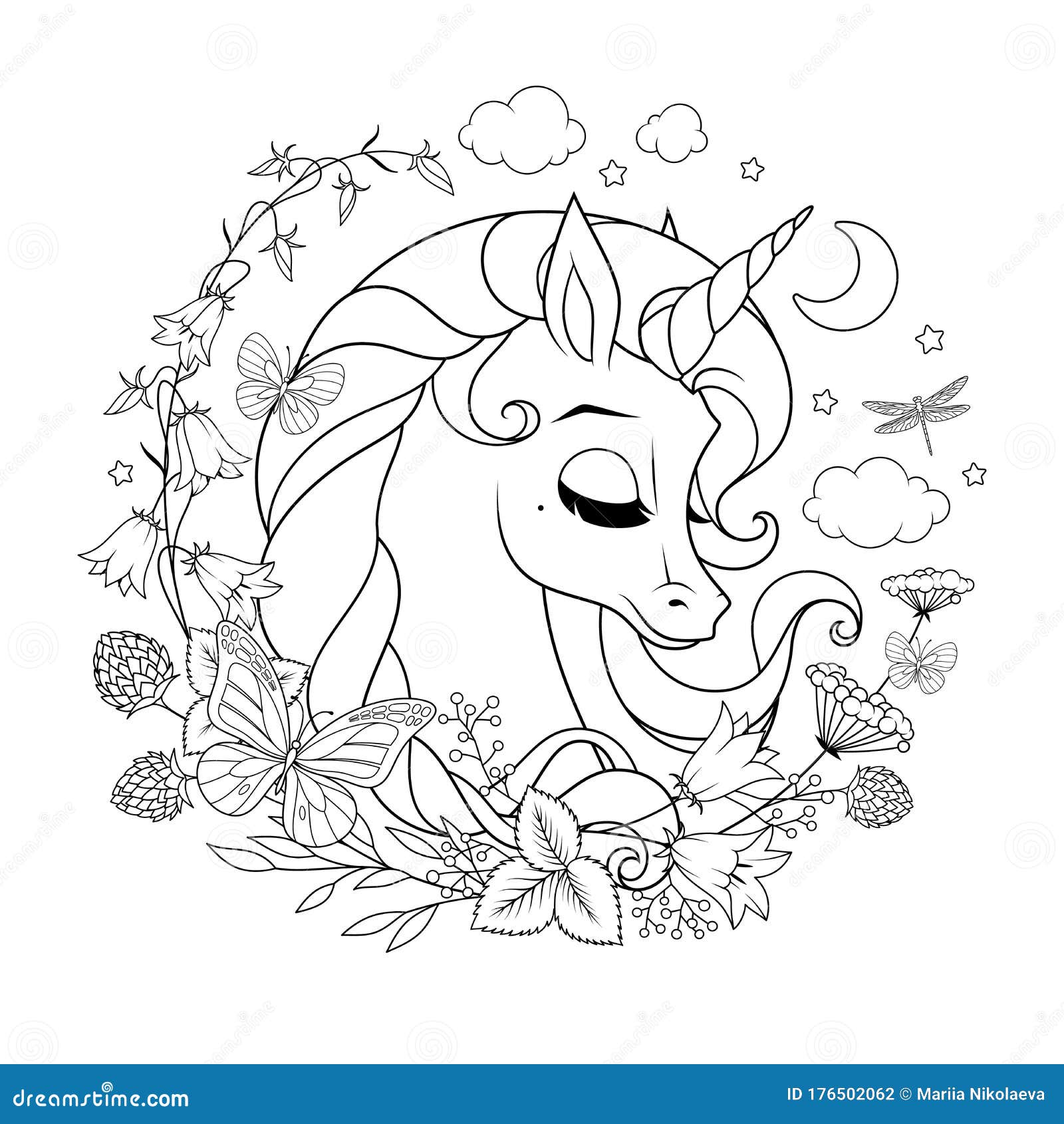 Cute Magic Unicorn Surrounded with Flowers and Butterflies ...