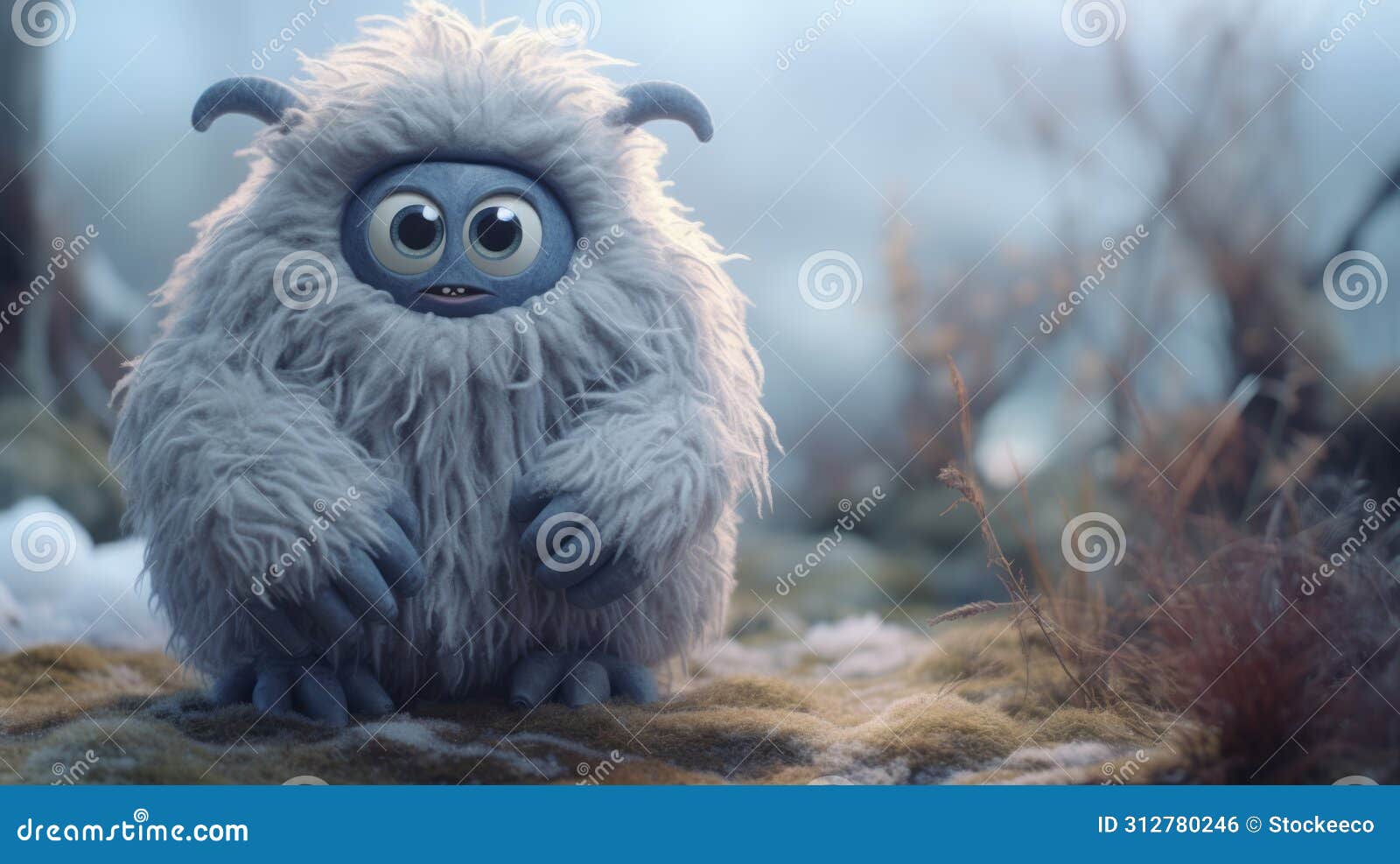 dreamy 3d animation of a fuzzy white troll in mikko lagerstedt style