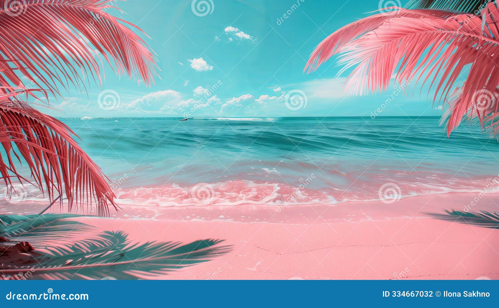 surreal beach with pink palm leaves and blue ocean
