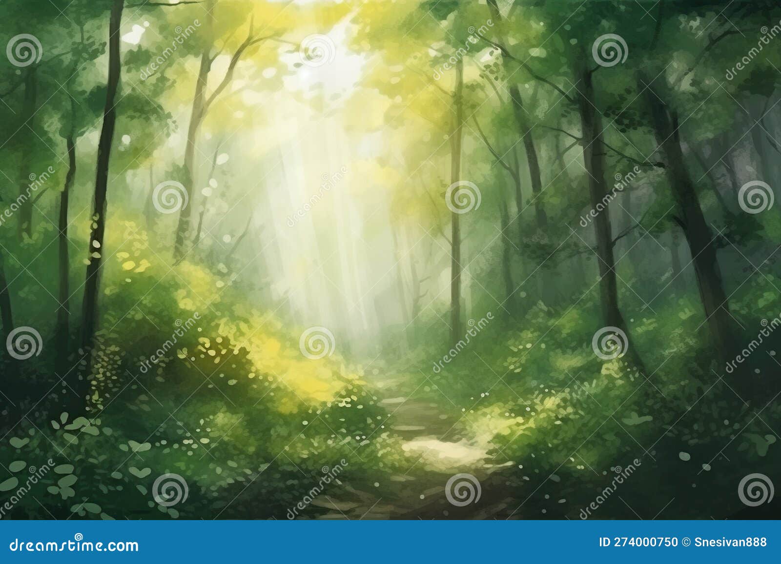 a dreamy forest with lush green foliage, delicate flowers, and soft sunlight filtering through the trees surreal style