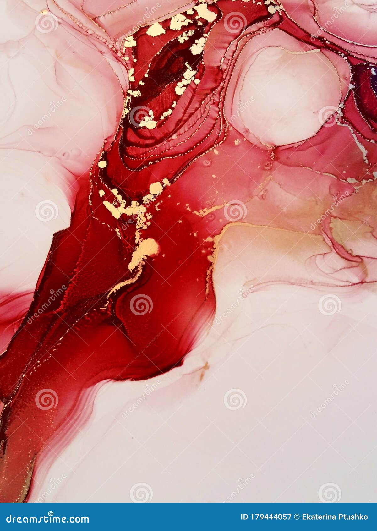 passionate red abstract fluid art painting. alcohol inks with gold.