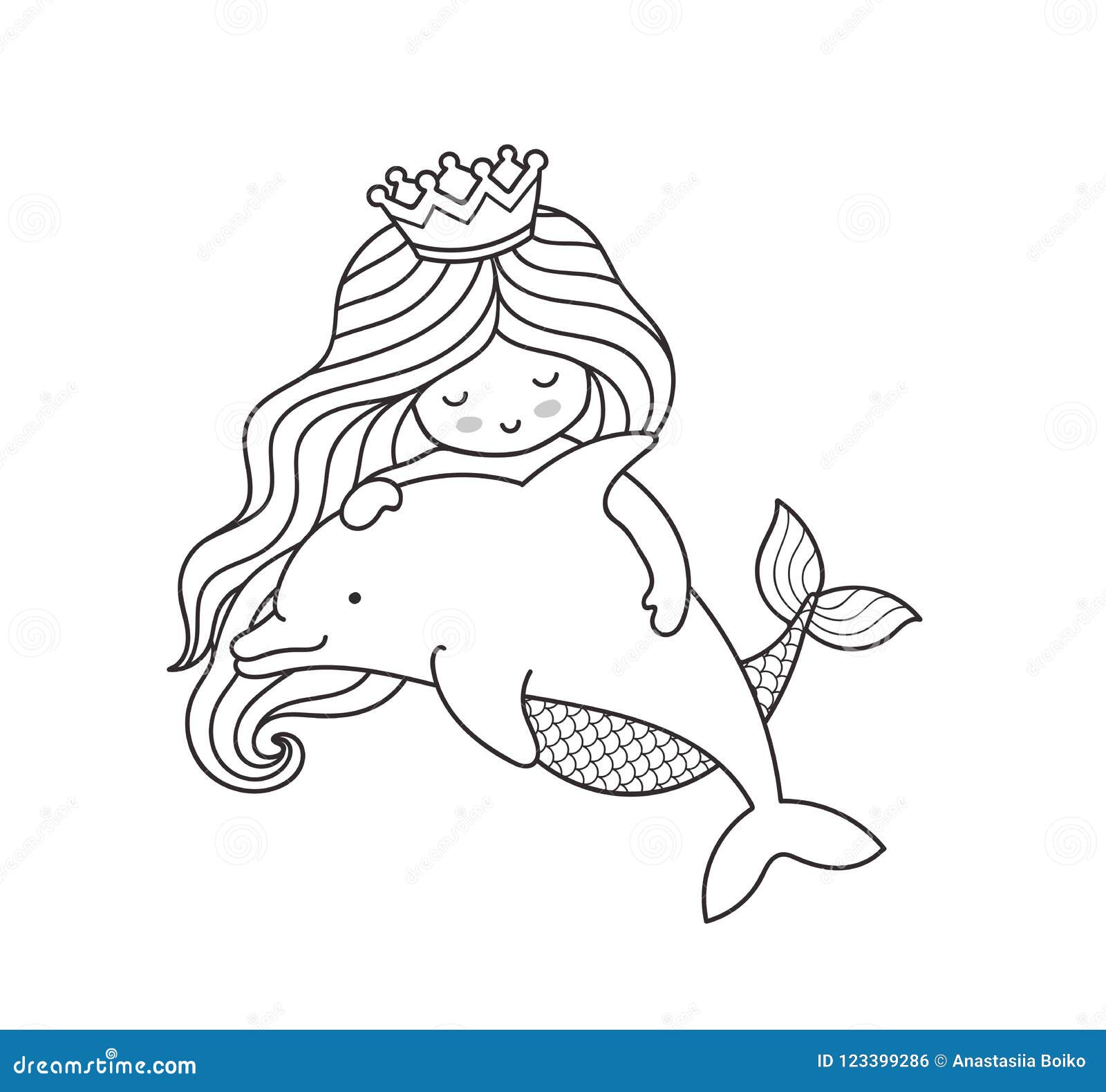 Dreamy Little Mermaid, Floating With Dolphin. Stock Vector - Illustration of linear, hairstyle ...