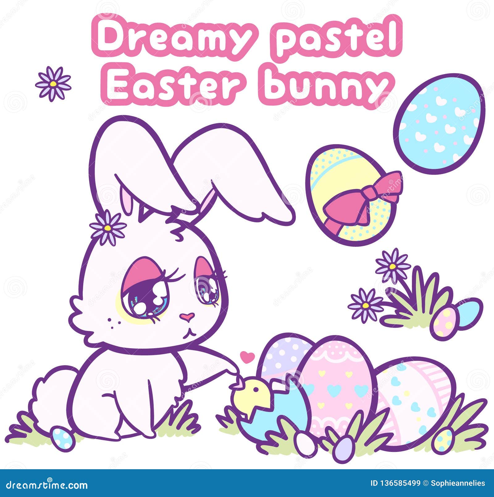 Dreamy Pastel Colored Easter Bunny with Eggs Stock Vector