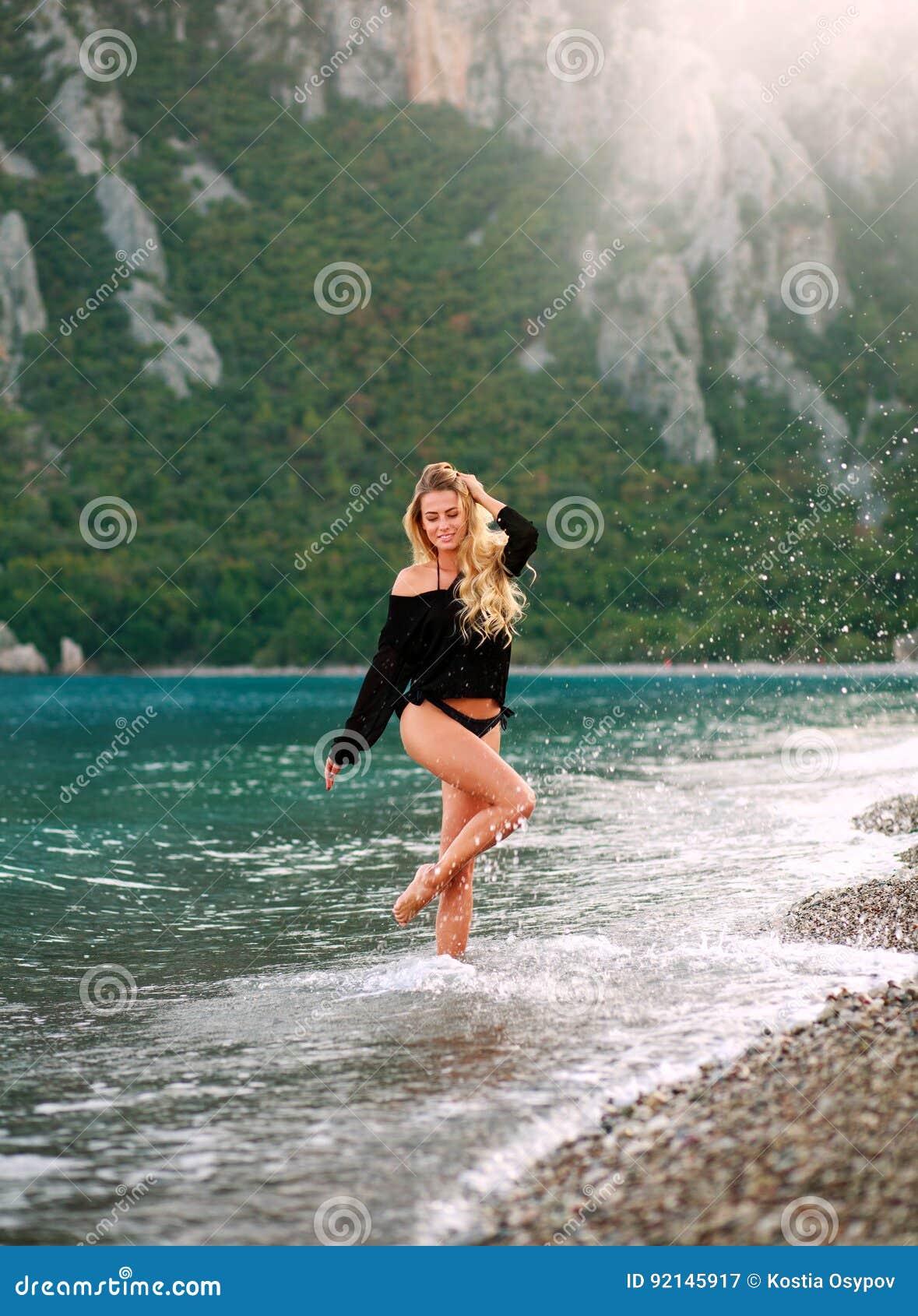 Download Dreamy Sensual Woman Enjoys Nature Of Sea In Water Splashes Stock Image Image Of People Dreamy 92145917