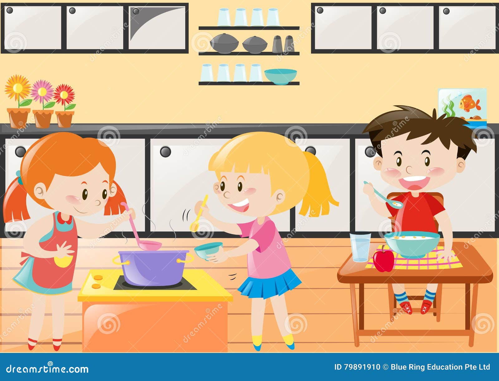 Drei Kinder Die In Der Kuche Kochen Und Essen Vektor Abbildung Illustration Von Programm Kindheit