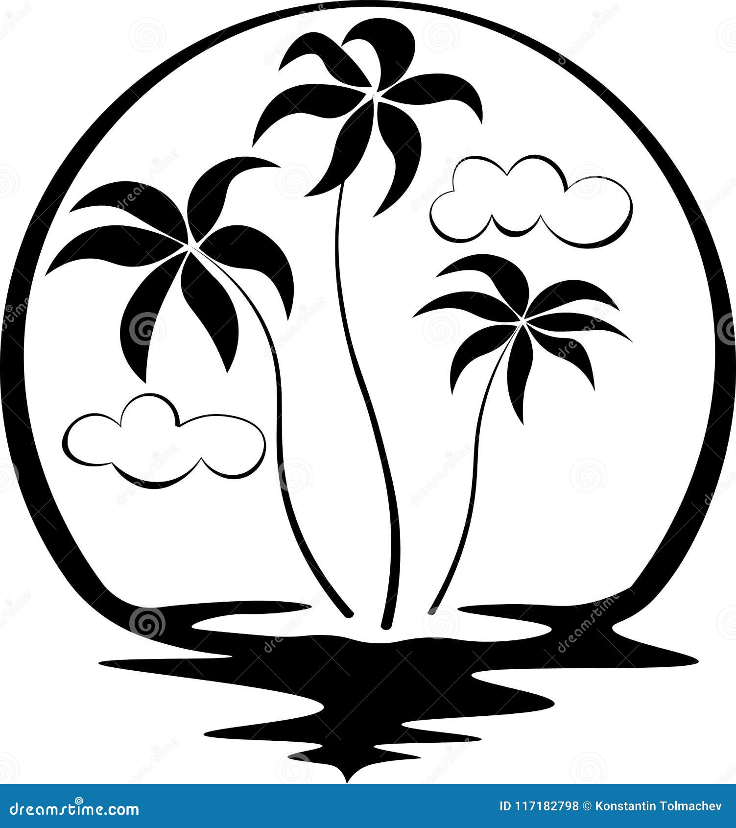 Drei Palmen Die Durch Sonne Und Wasser Umgeben Werden Setzen Schwarzweiss Logo Auf Den Strand Vektor Abbildung Illustration Von Wasser Sonne