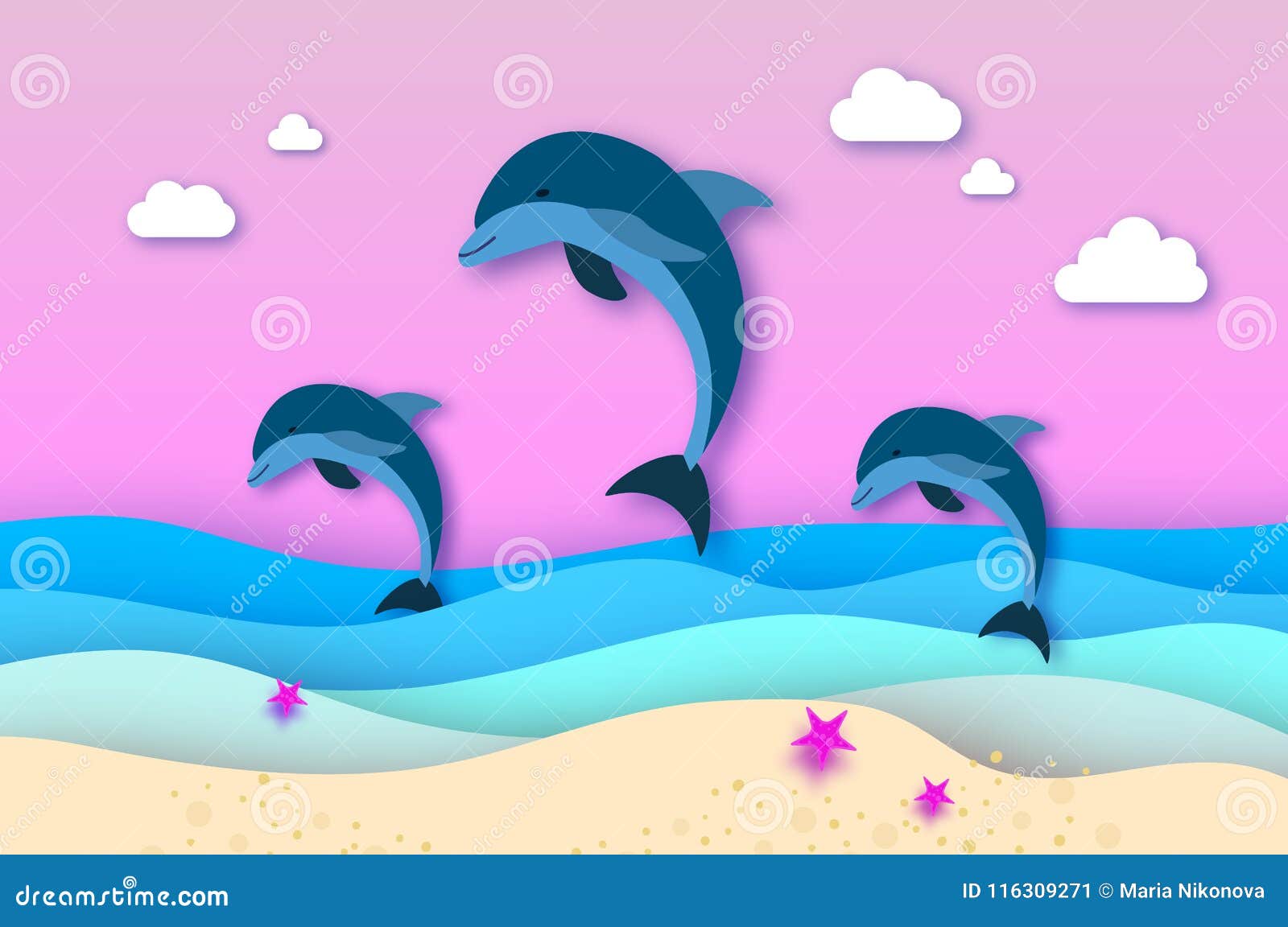 Drei Springende Delphine Im Meer Im Papier Schnitten Art Origami Uberlagerte Schonen Meerblick Und Himmel Hawaii Pazifischer Ozea Vektor Abbildung Illustration Von Papier Himmel