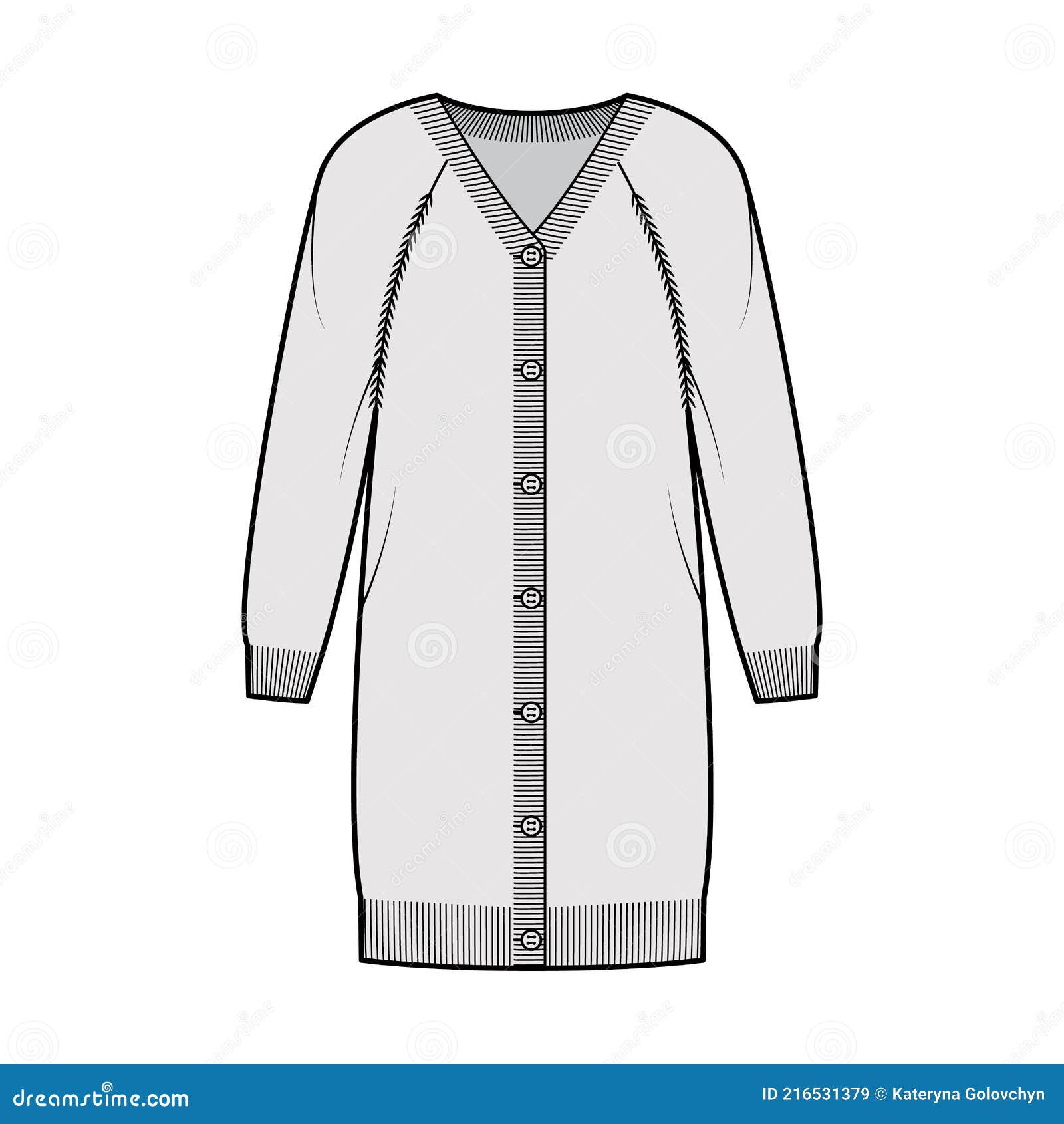 Dress Cardigan Sweater Technical Fashion Illustration with Rib V- Neck ...