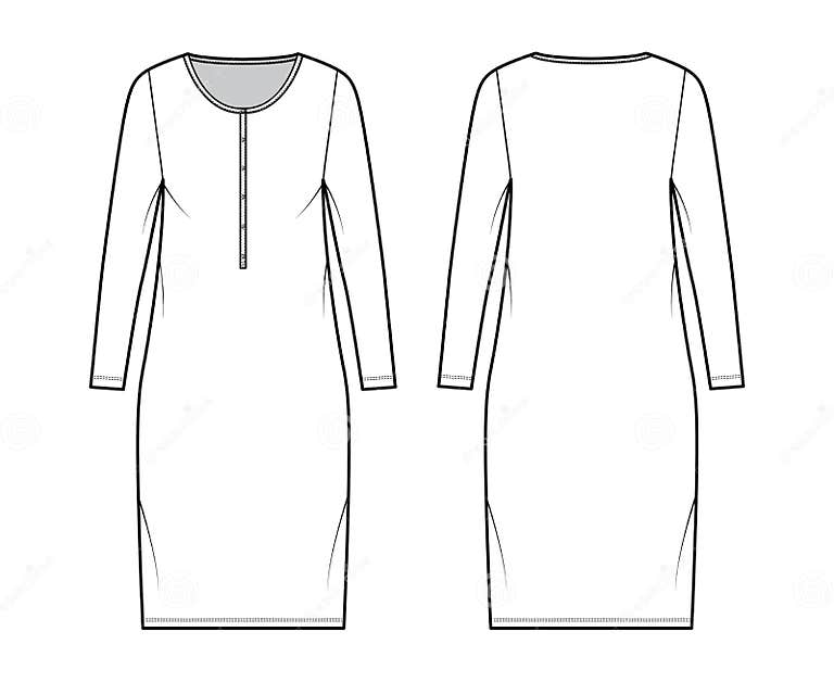 Dress Henley Collar Technical Fashion Illustration with Long Sleeves ...