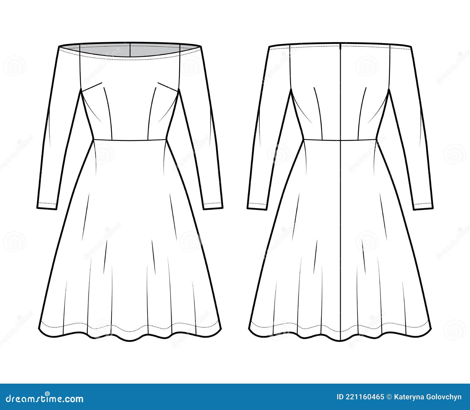Dress Off-shoulder Bardot Technical Fashion Illustration with Long ...