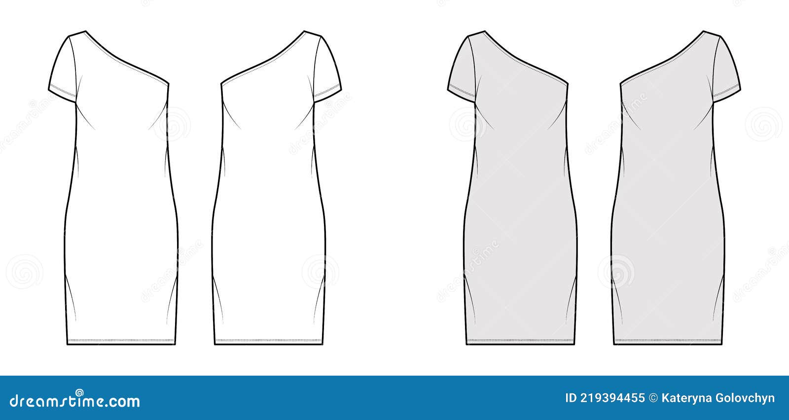 Dress One Shoulder Technical Fashion Illustration with Short Sleeve ...