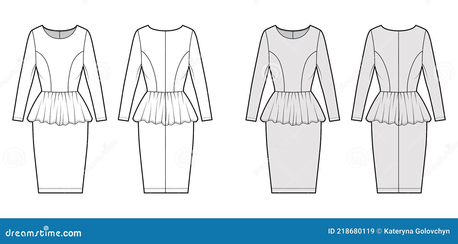 Dress Peplum Technical Fashion Illustration with Long Sleeves, Fitted ...