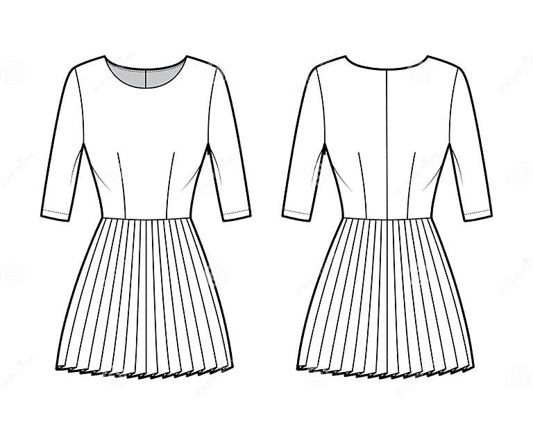 Dress Pleated Technical Fashion Illustration with Elbow Sleeves, Fitted ...