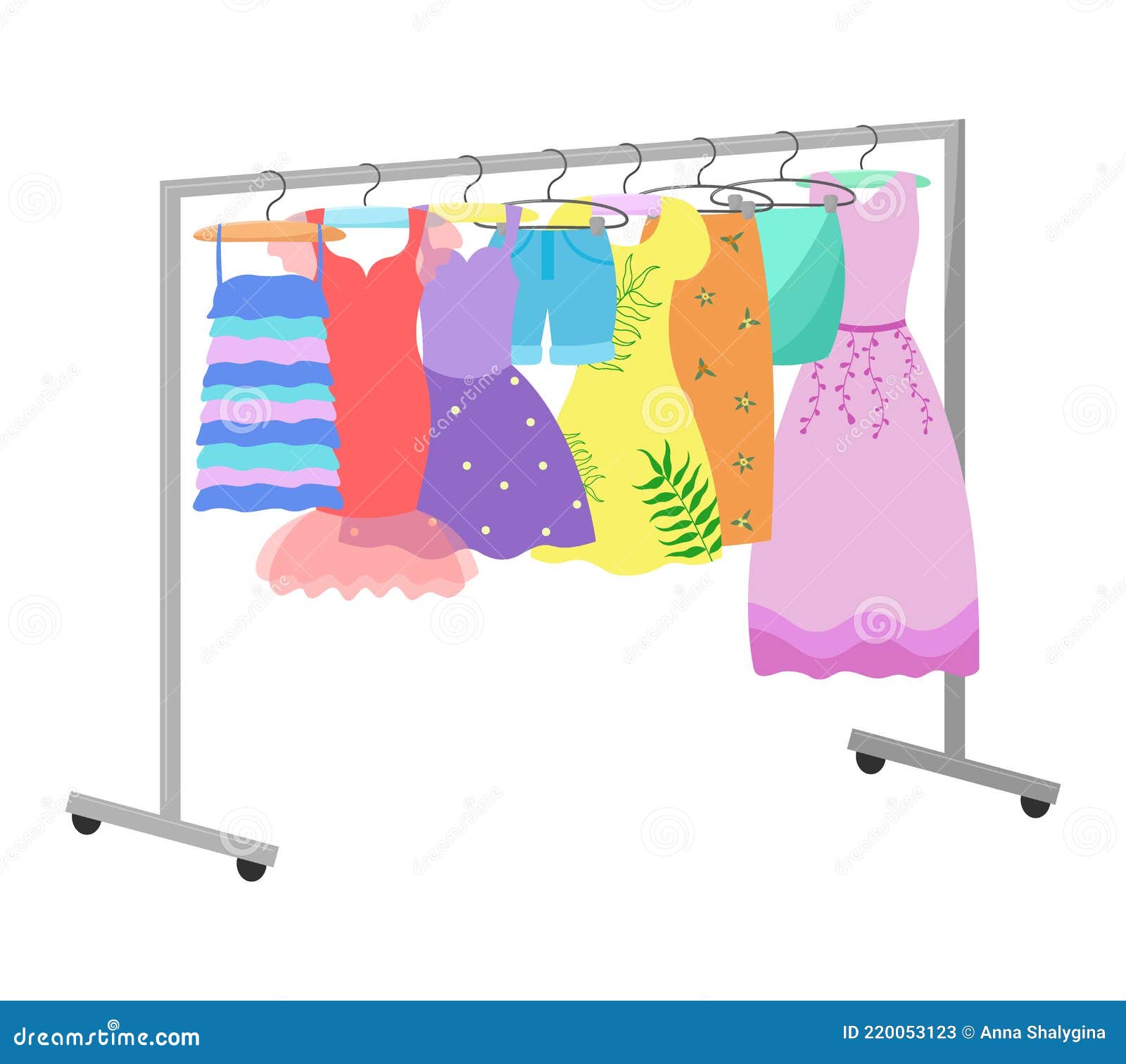 Dresses on a Hanger. Different Female Clothing is Hanging. Casual and Evening  Outfits for Women. Vector Illustration Stock Vector - Illustration of  cloth, wardrobe: 220053123