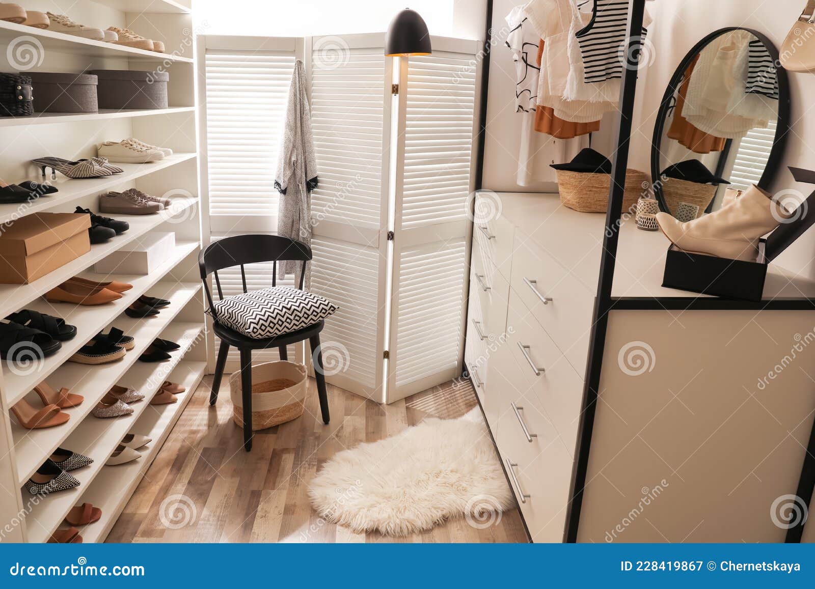 Dressing Room Interior with Storage Rack for Shoes and Accessories