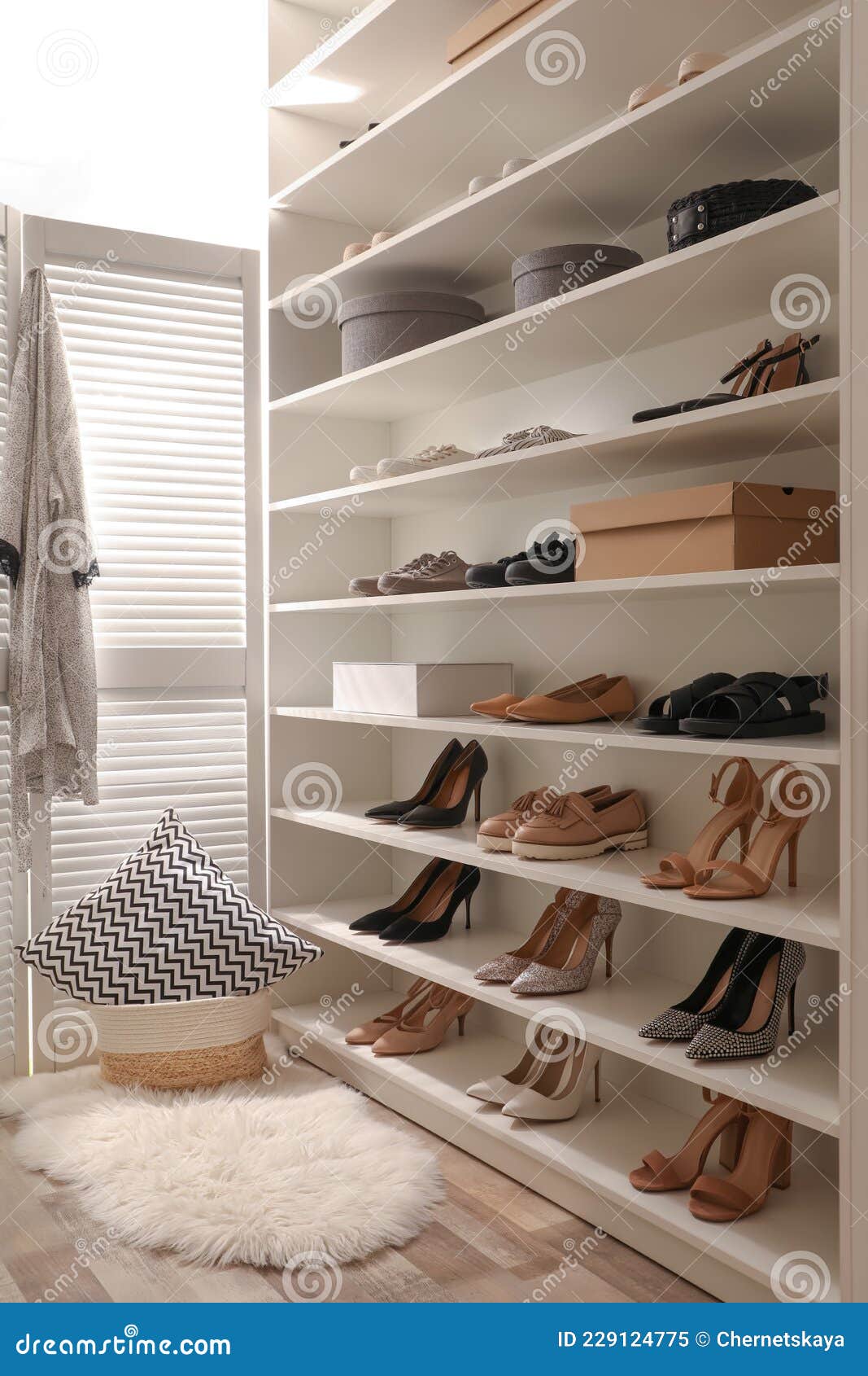 Dressing Room Interior with Storage Rack for Shoes and Accessories