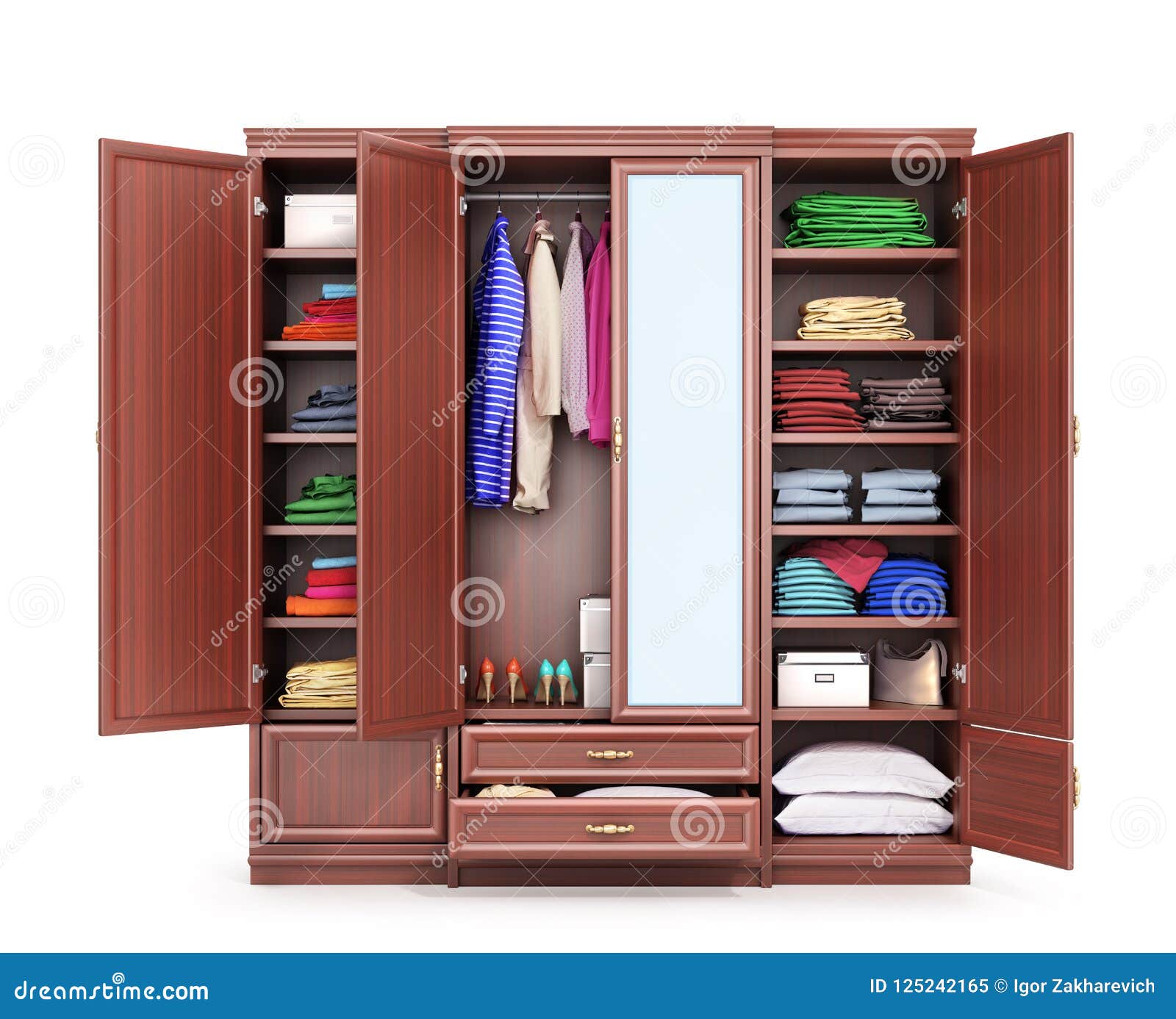 Open Closet Made of Dark Wood, Clothes. Closet Compartment Stock  Illustration - Illustration of indoor, locker: 125242165