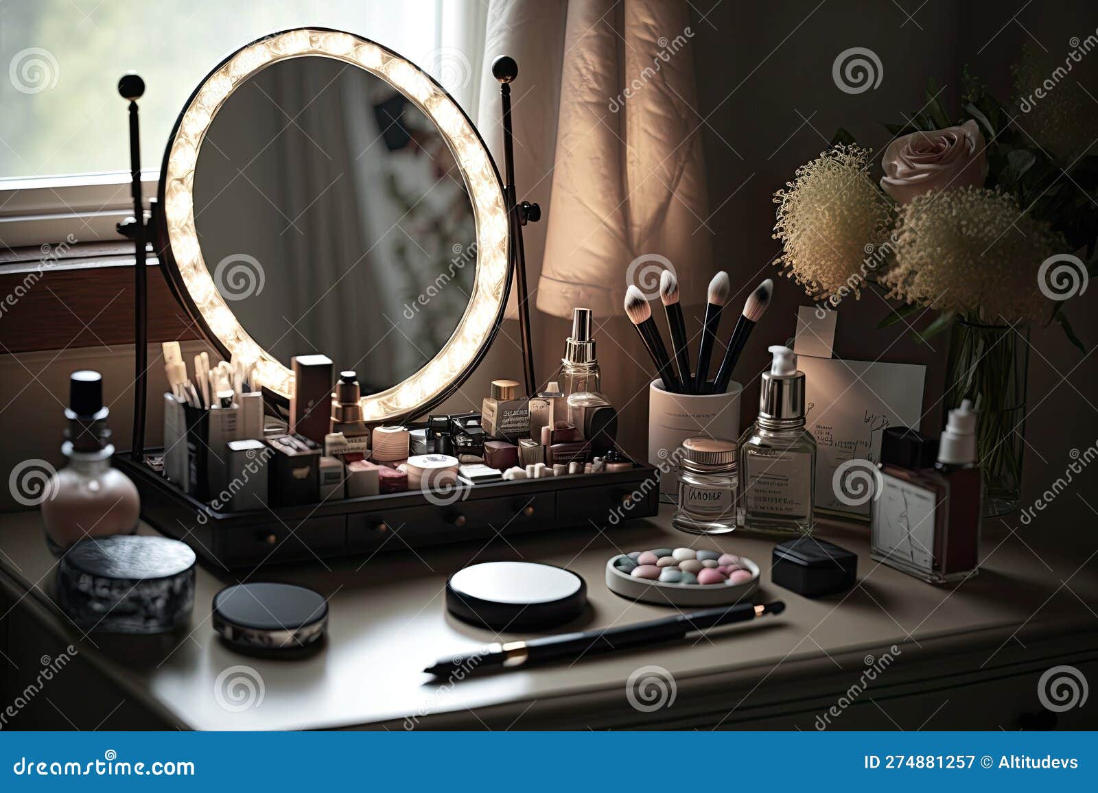 Dressing Table with Mirror and Makeup Kit, Ready for the Morning Routine Stock Image Image of
