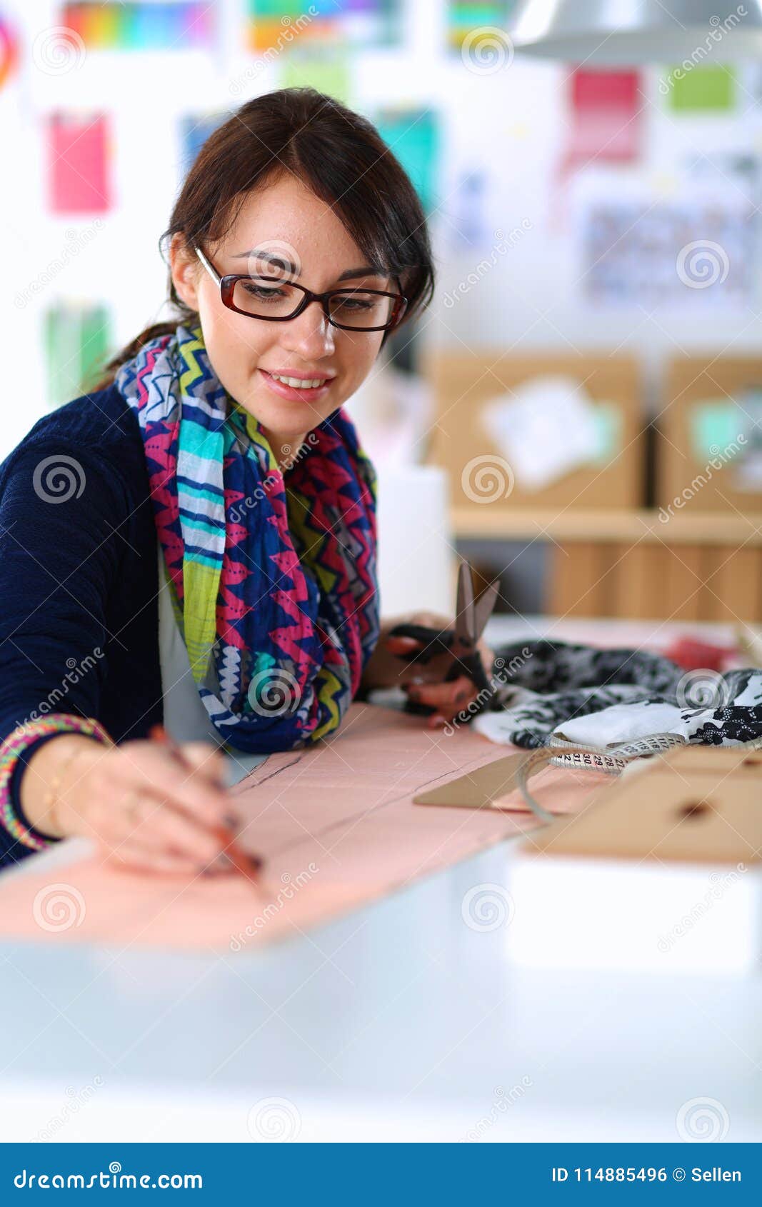 Dressmaker Designing Clothes Pattern on Paper Stock Photo - Image of ...