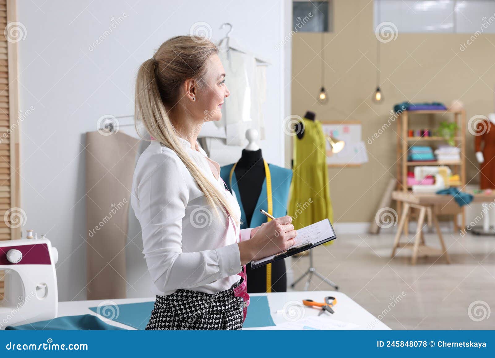 Dressmaker Drawing Sketch of Garment in Workshop, Space for Text Stock ...