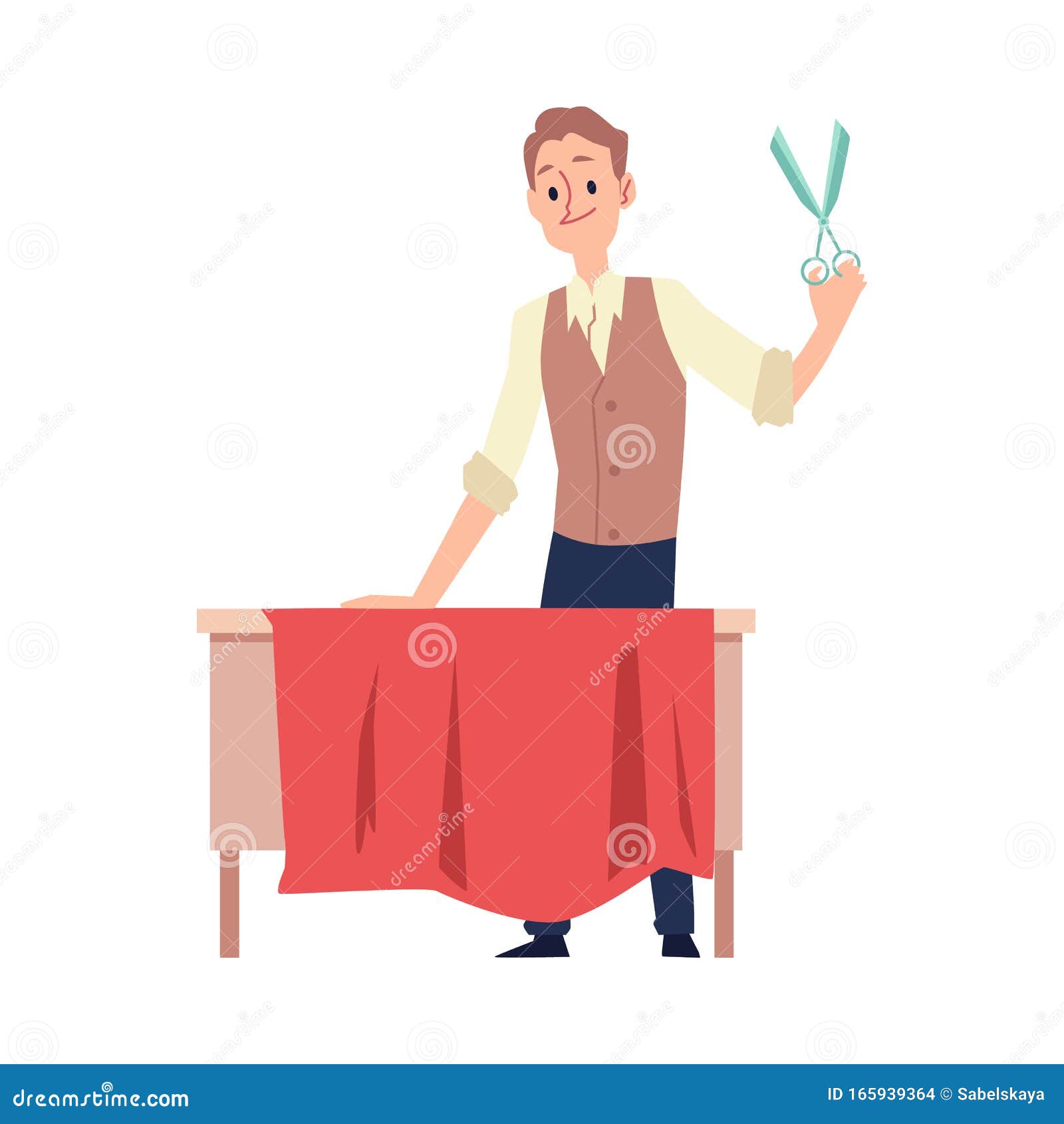 Dressmaker or Tailor Man Cuts Fabric for Clothing Vector Illustration ...